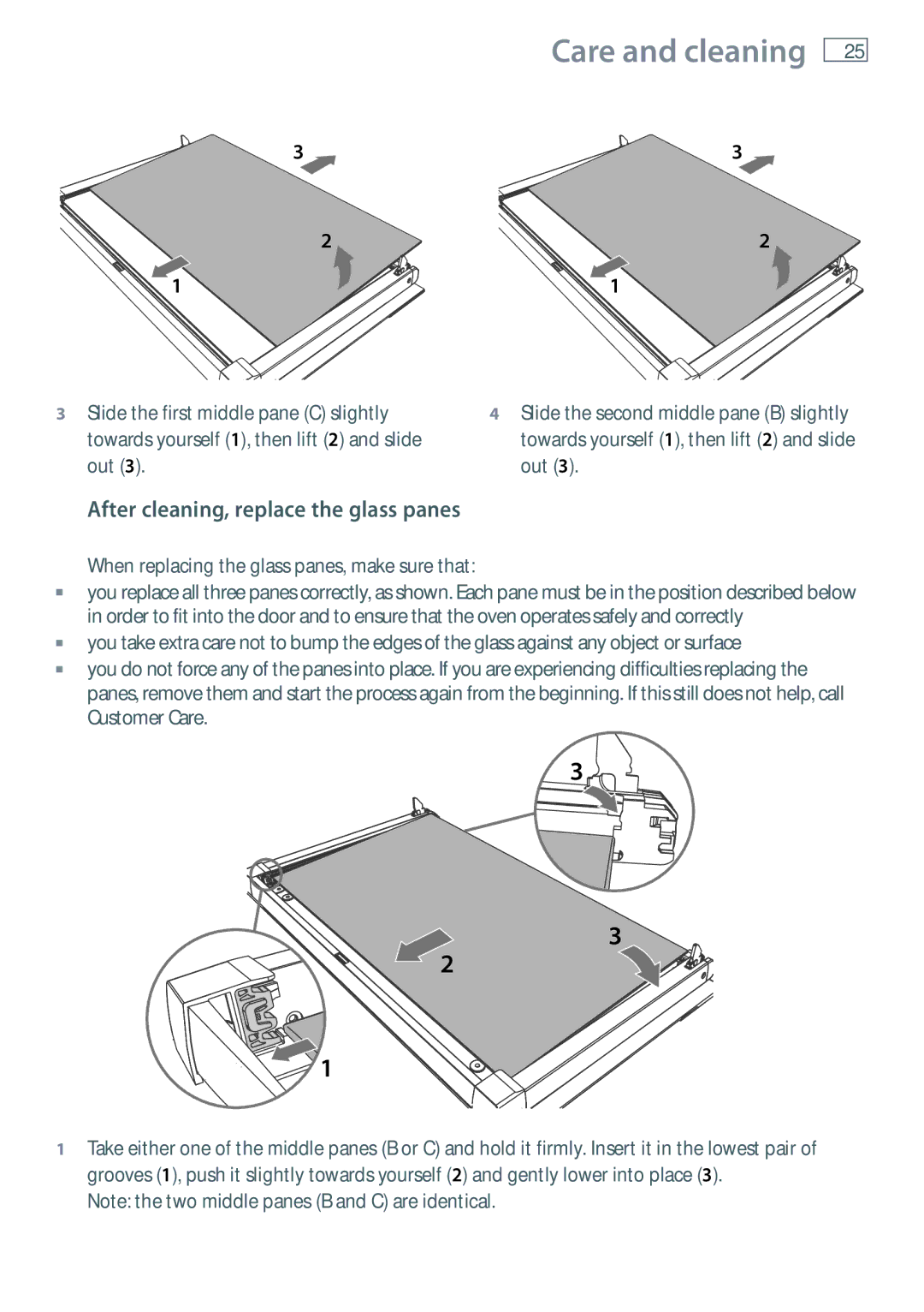 Fisher & Paykel OB90 manual After cleaning, replace the glass panes, Slide the first middle pane C slightly, Out 