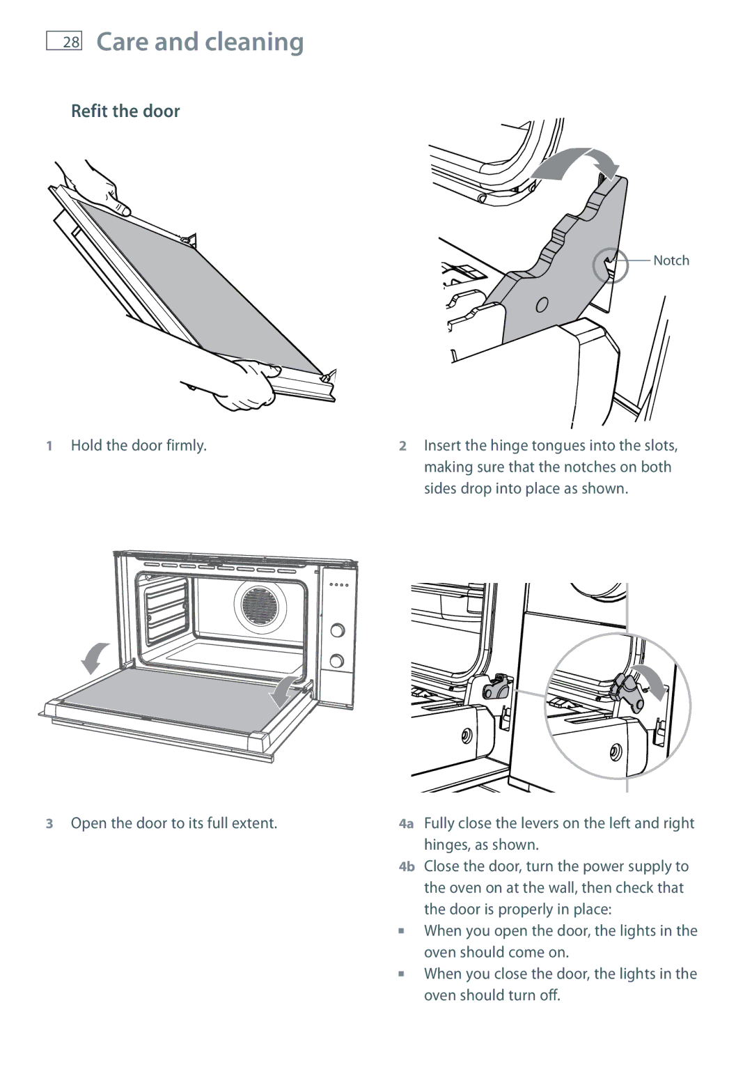 Fisher & Paykel OB90 manual Refit the door, Hold the door firmly Open the door to its full extent 