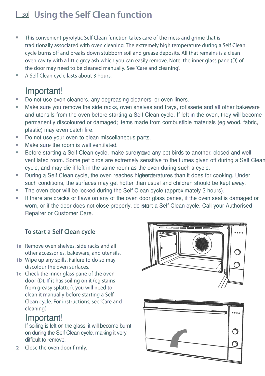 Fisher & Paykel OB90 Using the Self Clean function, To start a Self Clean cycle, Self Clean cycle lasts about 3 hours 