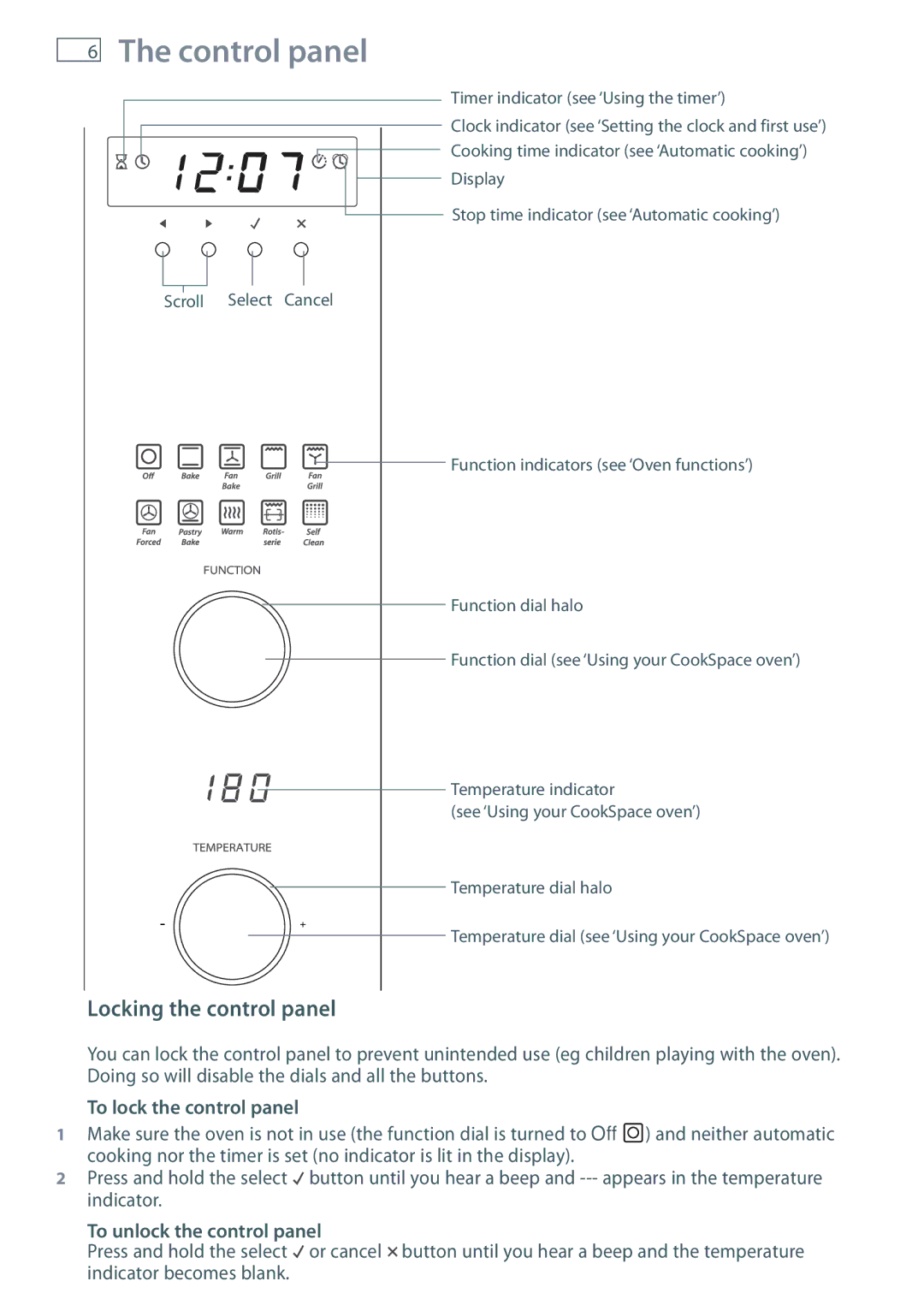 Fisher & Paykel OB90 Control panel, Locking the control panel, To lock the control panel, To unlock the control panel 