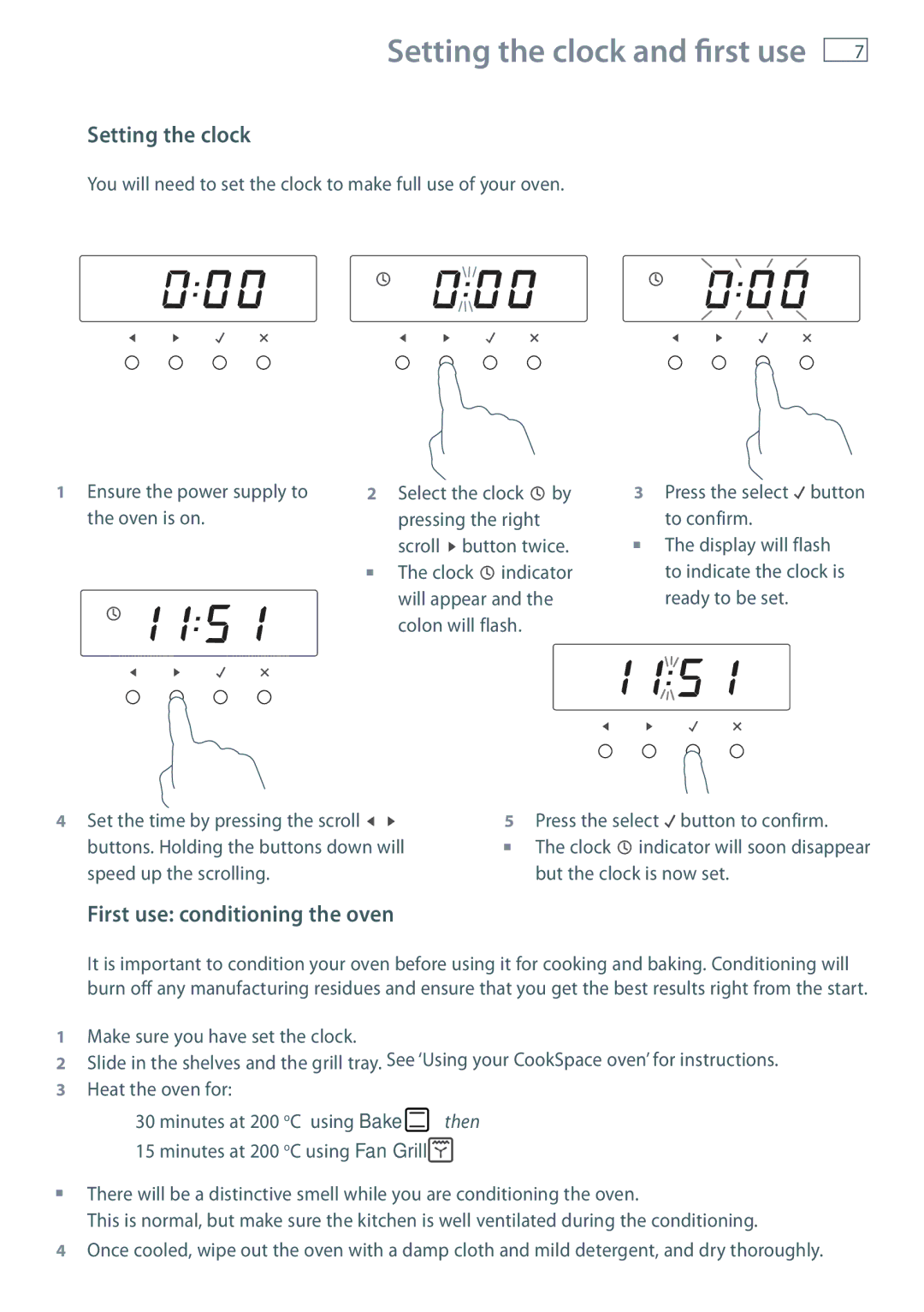 Fisher & Paykel OB90 manual Setting the clock and first use, First use conditioning the oven 