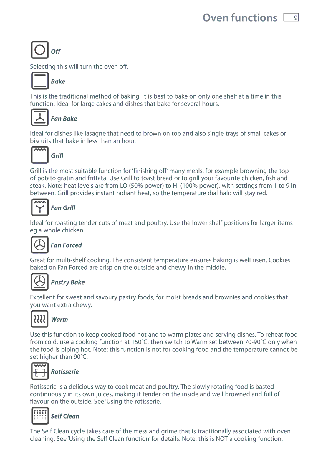 Fisher & Paykel OB90 manual Oven functions, Selecting this will turn the oven off 