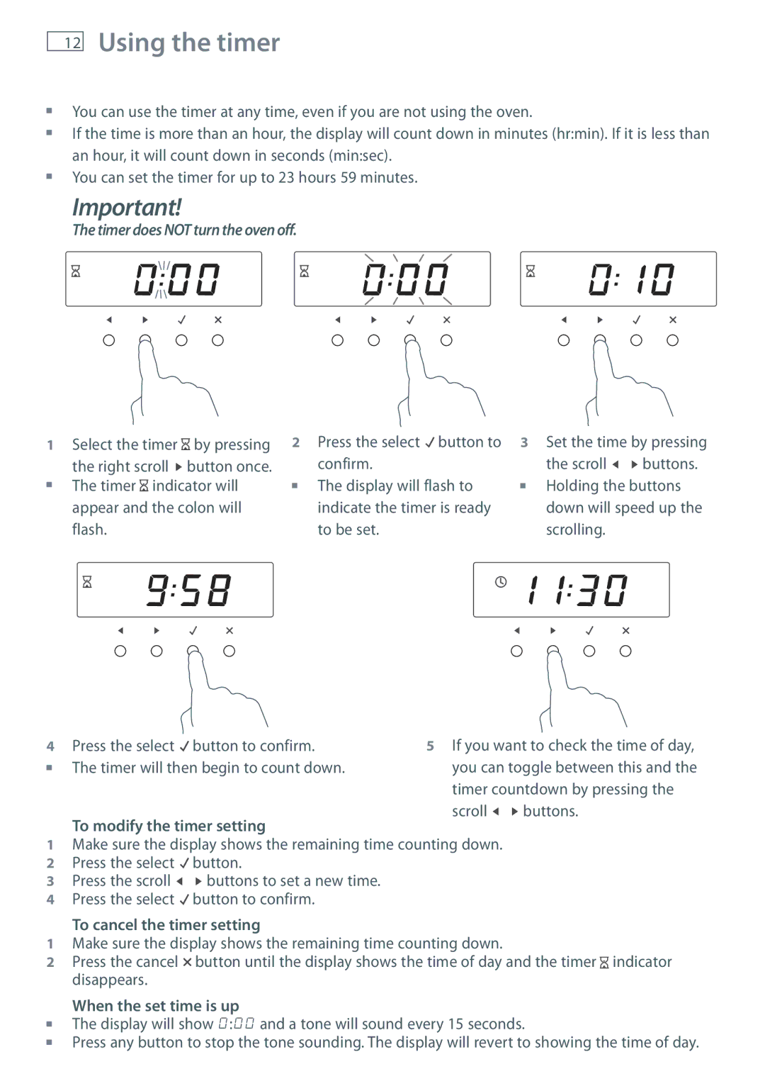 Fisher & Paykel OB90 Using the timer, To modify the timer setting, To cancel the timer setting, When the set time is up 