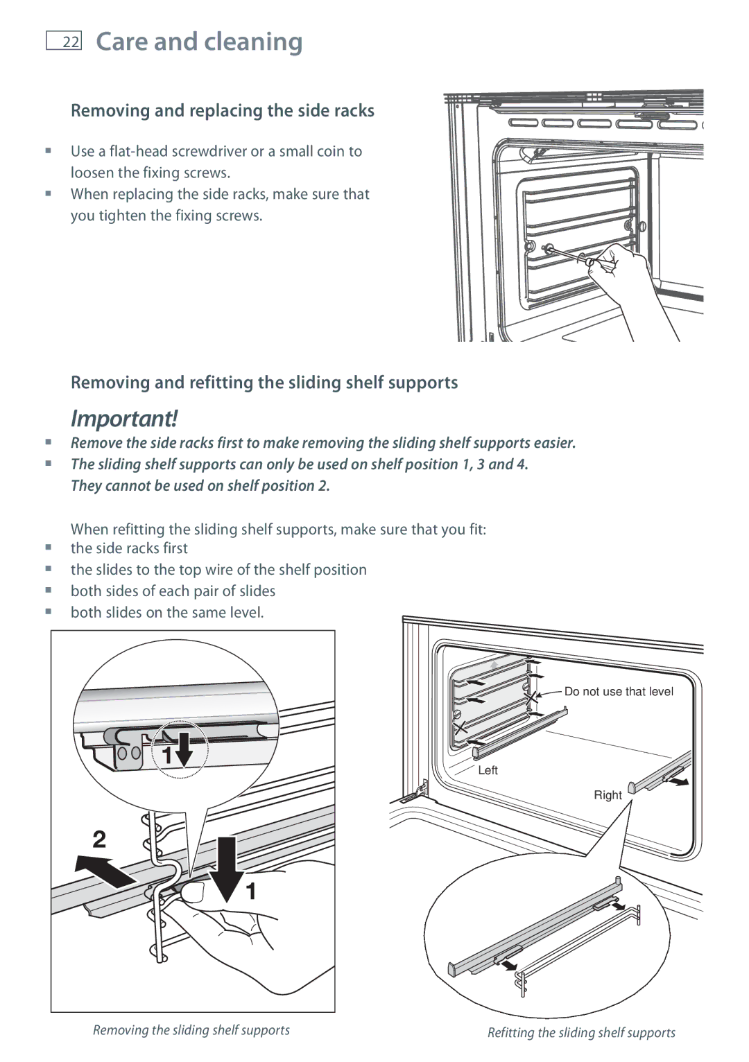 Fisher & Paykel OB90 manual Removing and replacing the side racks, Removing and refitting the sliding shelf supports 