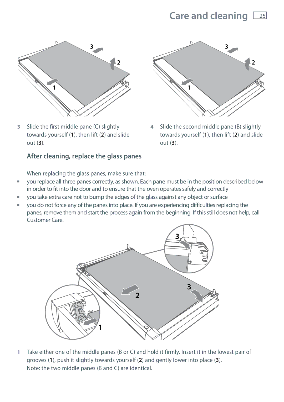 Fisher & Paykel OB90 manual After cleaning, replace the glass panes, Slide the first middle pane C slightly, Out 
