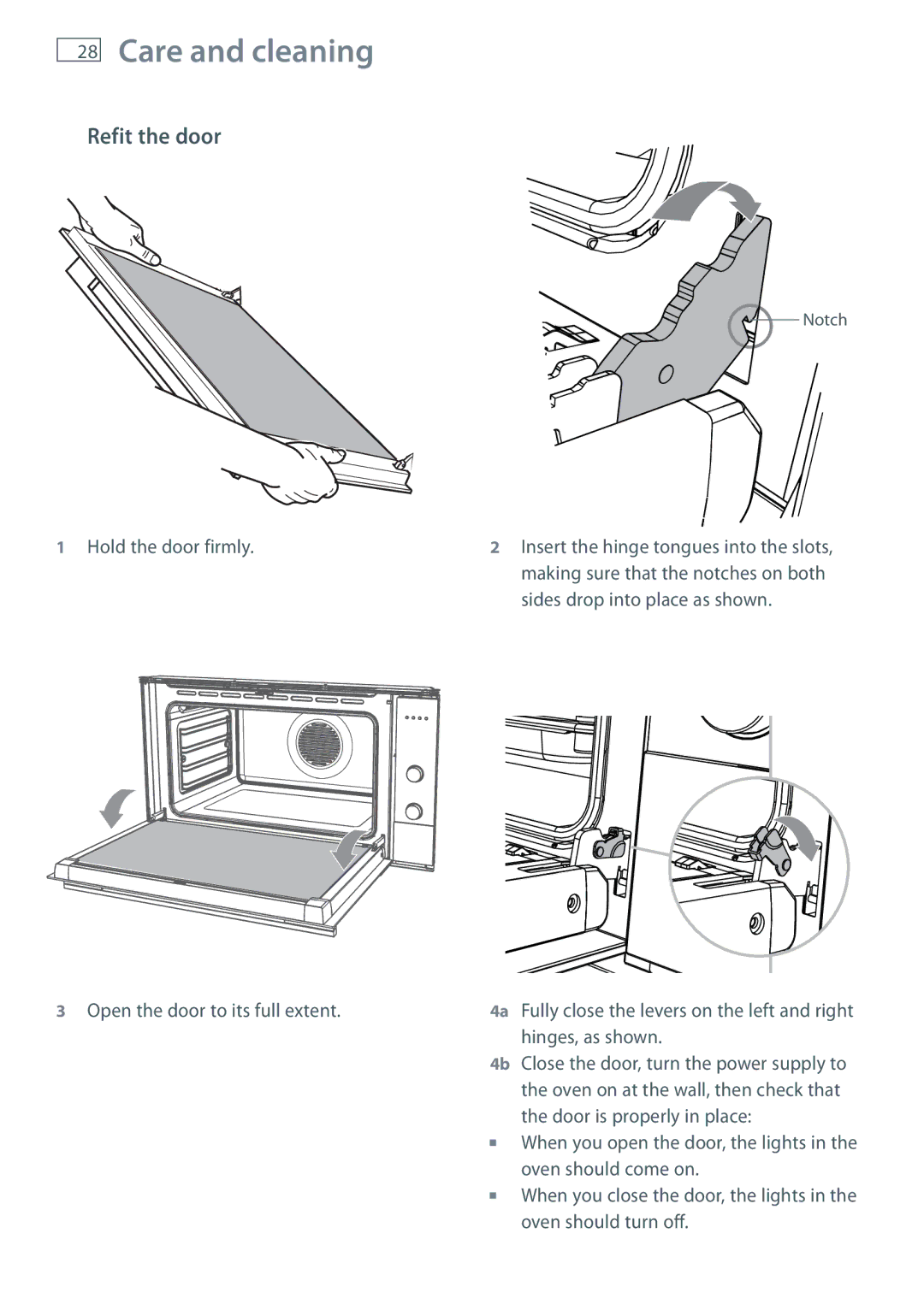 Fisher & Paykel OB90 manual Refit the door, Hold the door firmly Open the door to its full extent 
