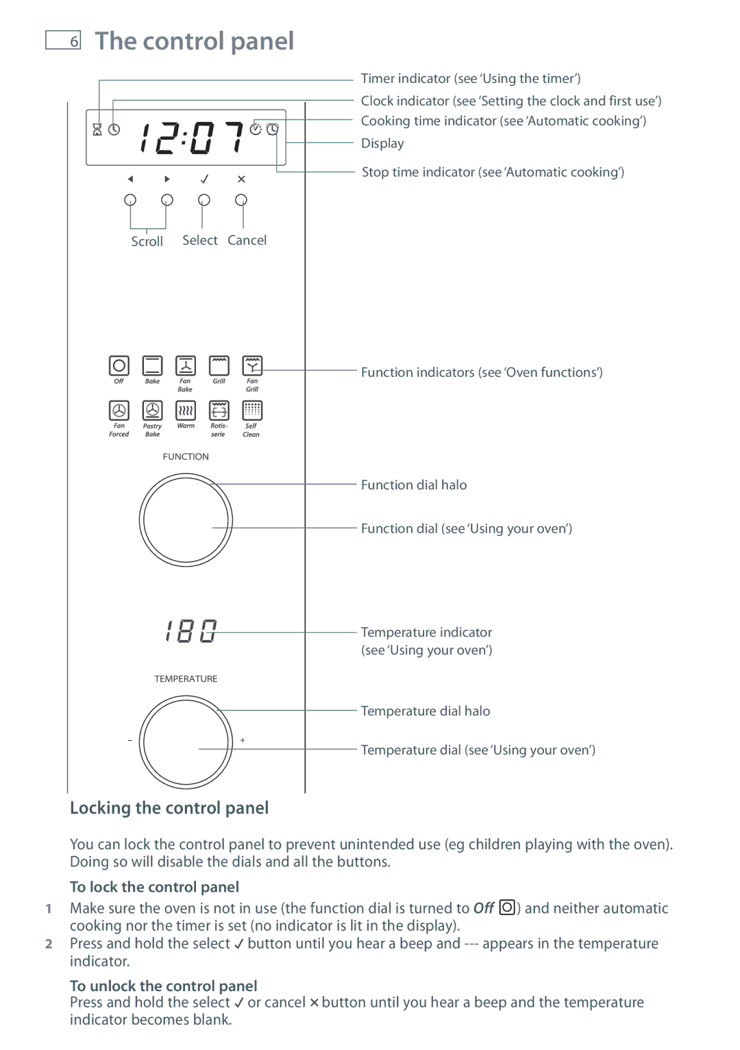 Fisher & Paykel OB90 Control panel, Locking the control panel, To lock the control panel, To unlock the control panel 