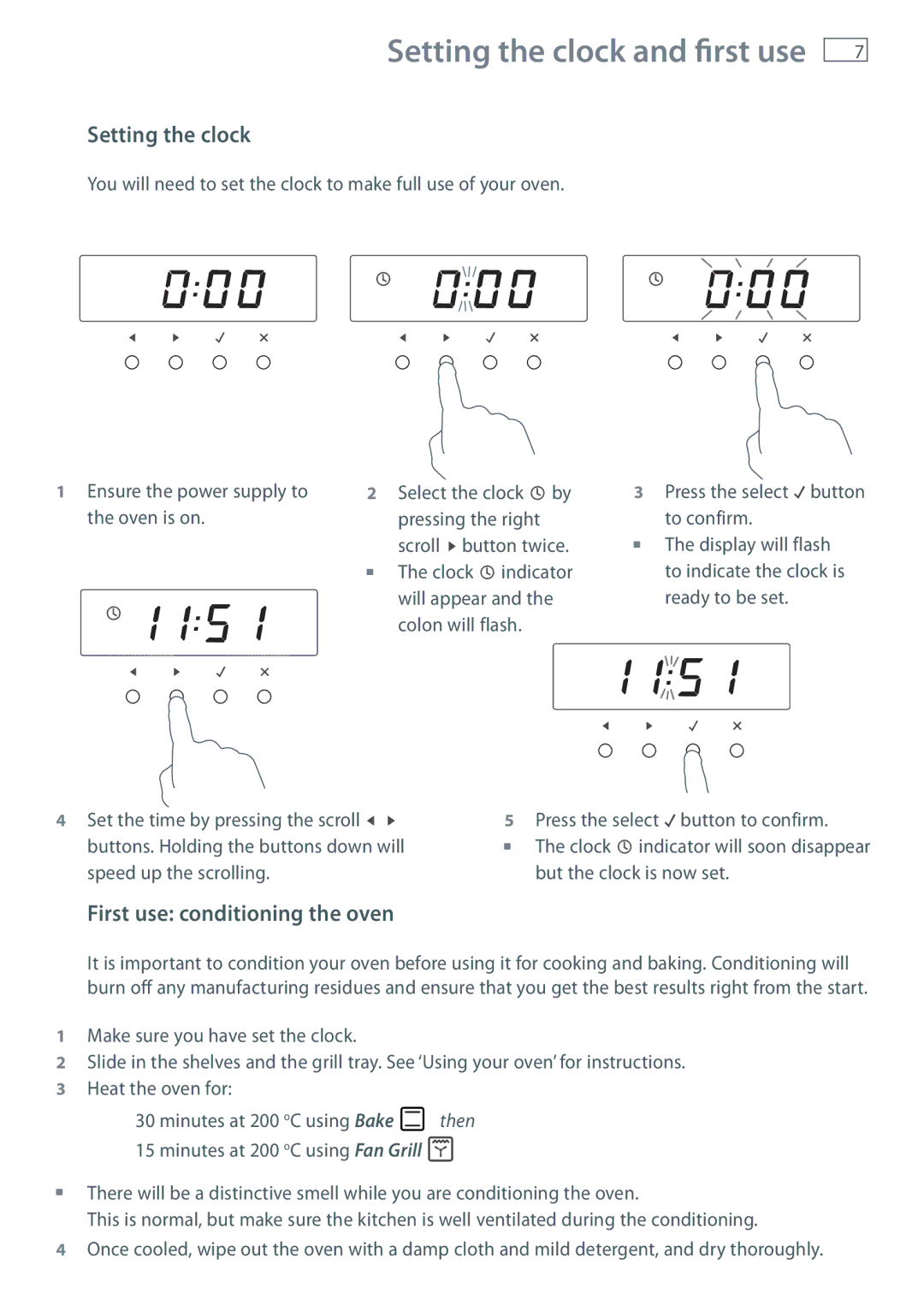 Fisher & Paykel OB90 manual Setting the clock and first use, First use conditioning the oven 