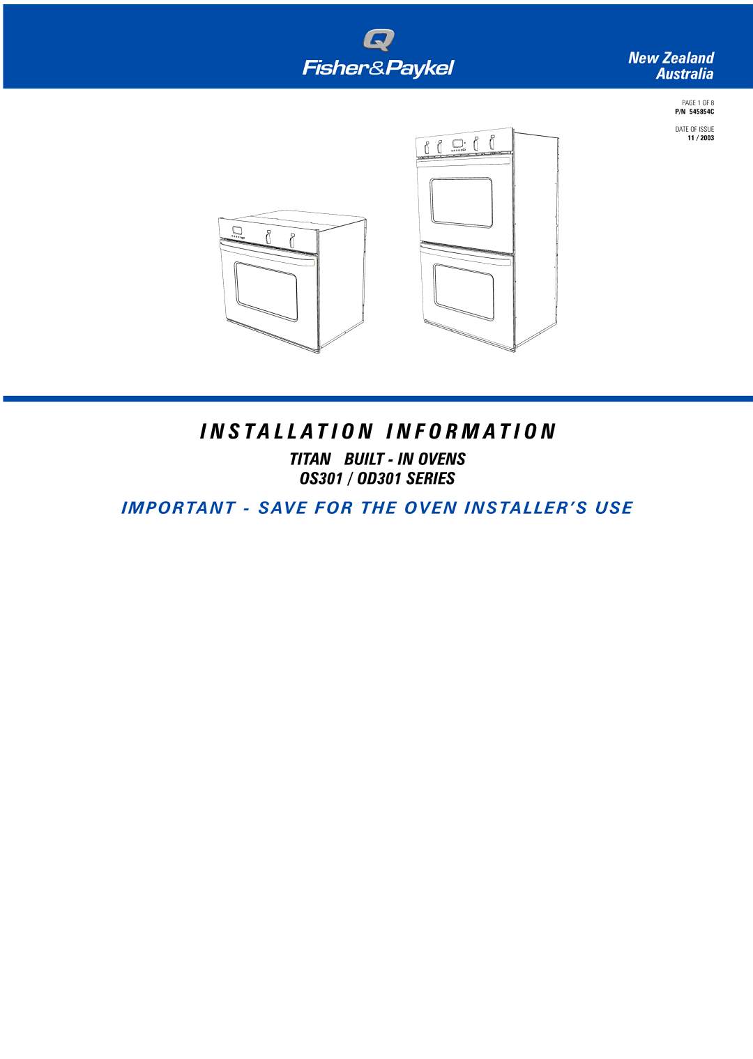 Fisher & Paykel OD301 warranty Installation I N F O R M a T I O N 