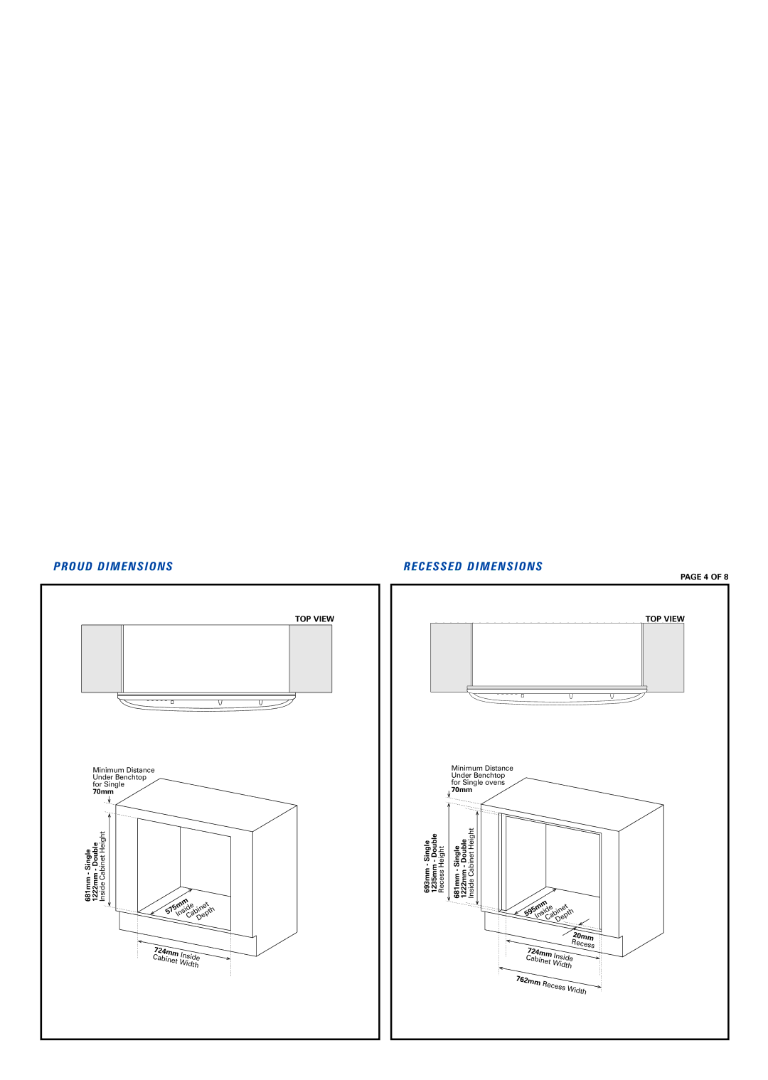 Fisher & Paykel OD301 warranty Proud Dimensions, Recessed Dimensions 