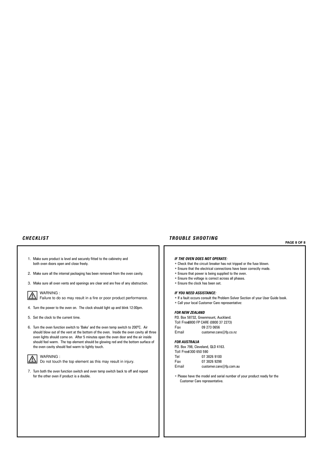 Fisher & Paykel OD301 warranty Checklist, Trouble Shooting 