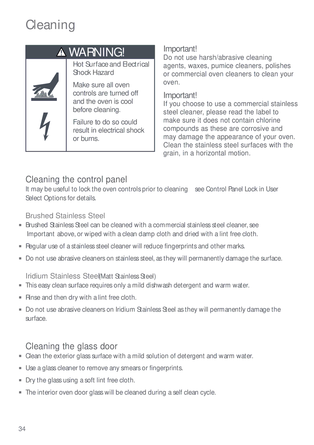 Fisher & Paykel OS302M, OD302M manual Cleaning the control panel, Cleaning the glass door, Brushed Stainless Steel 