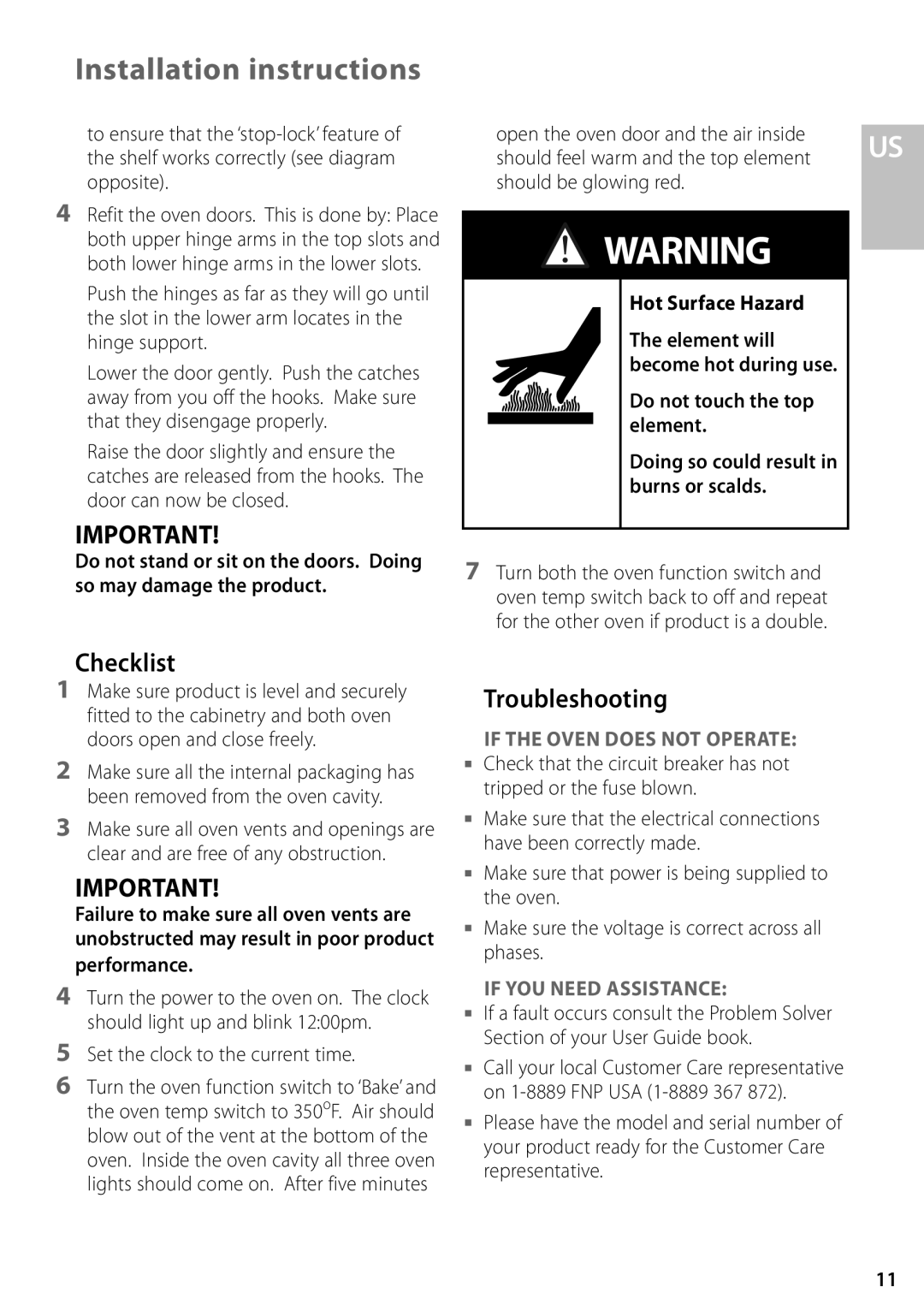 Fisher & Paykel OD302M, OS302M Checklist, Troubleshooting, Hot Surface Hazard, Do not touch the top element 