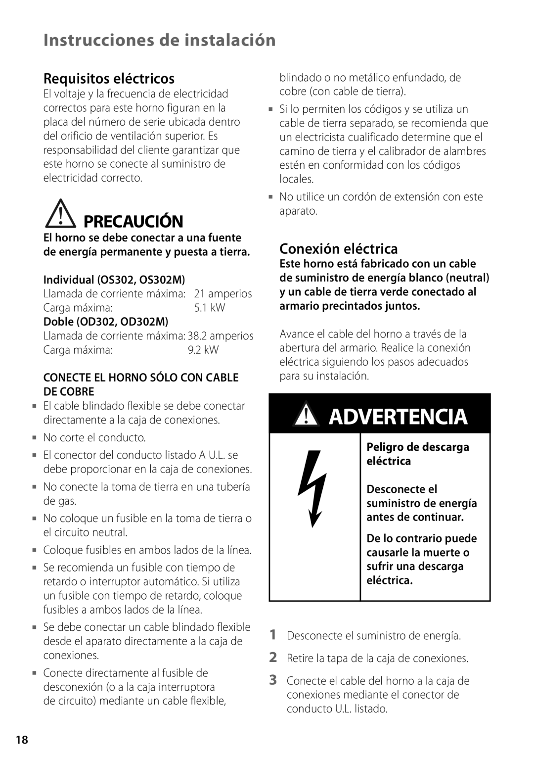 Fisher & Paykel Requisitos eléctricos, Conexión eléctrica, Individual OS302, OS302M, Doble OD302, OD302M 