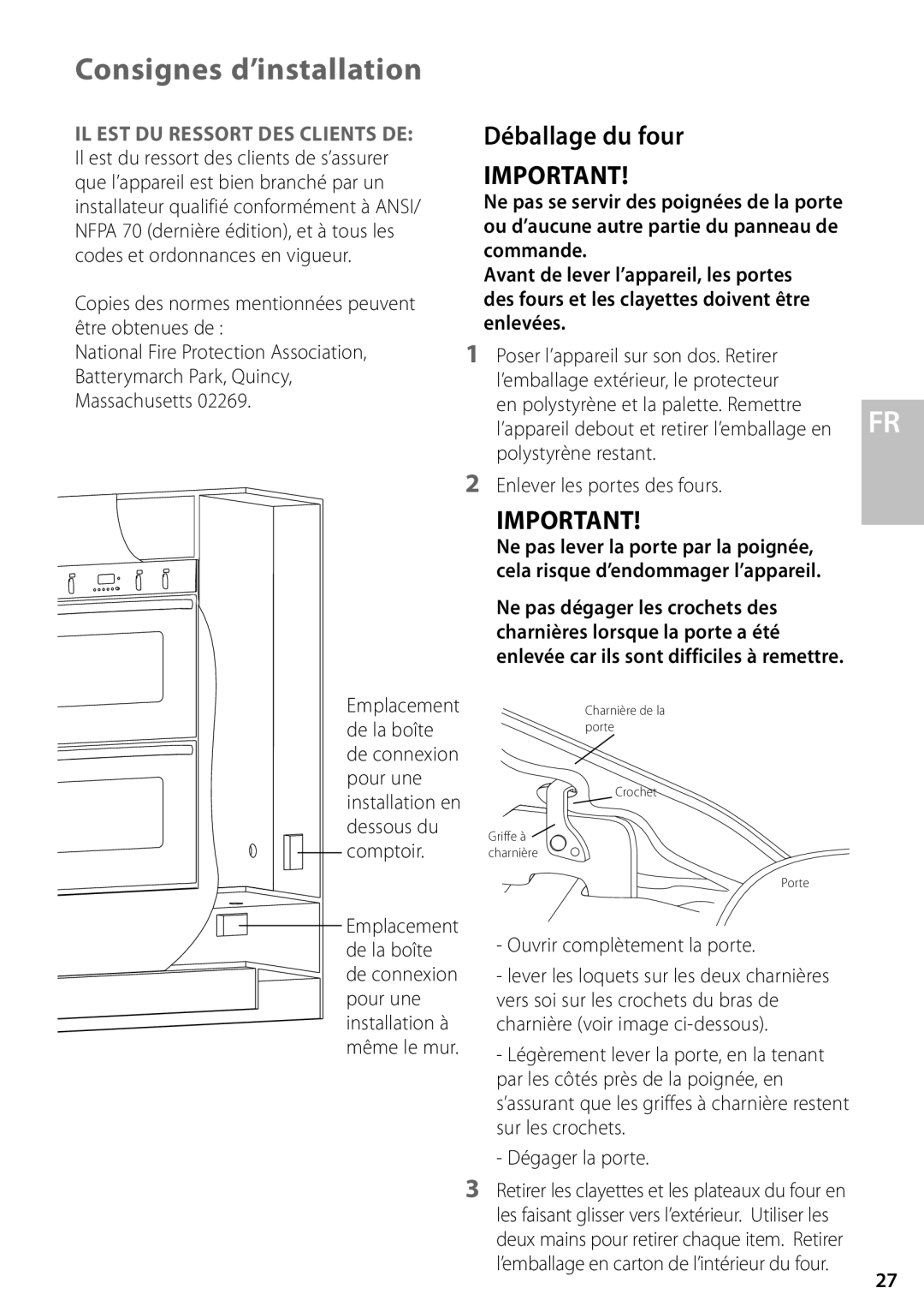 Fisher & Paykel OD302M, OS302M installation instructions Déballage du four, Ne pas se servir des poignées de la porte 