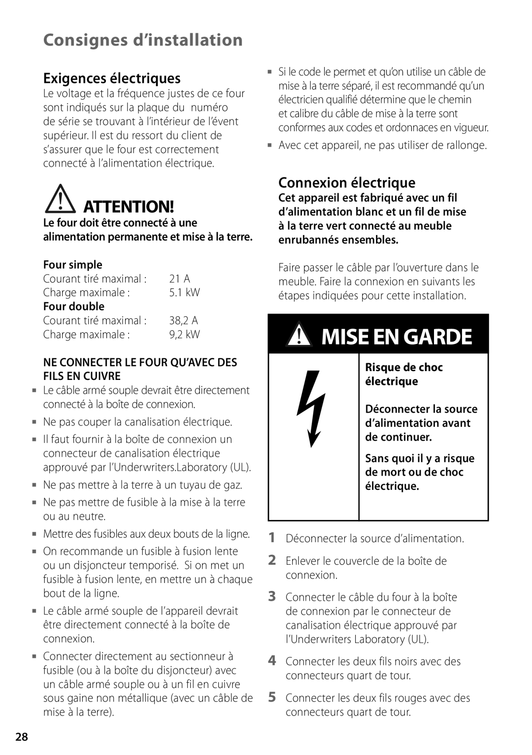 Fisher & Paykel OS302M, OD302M installation instructions Exigences électriques, Four simple, Four double 