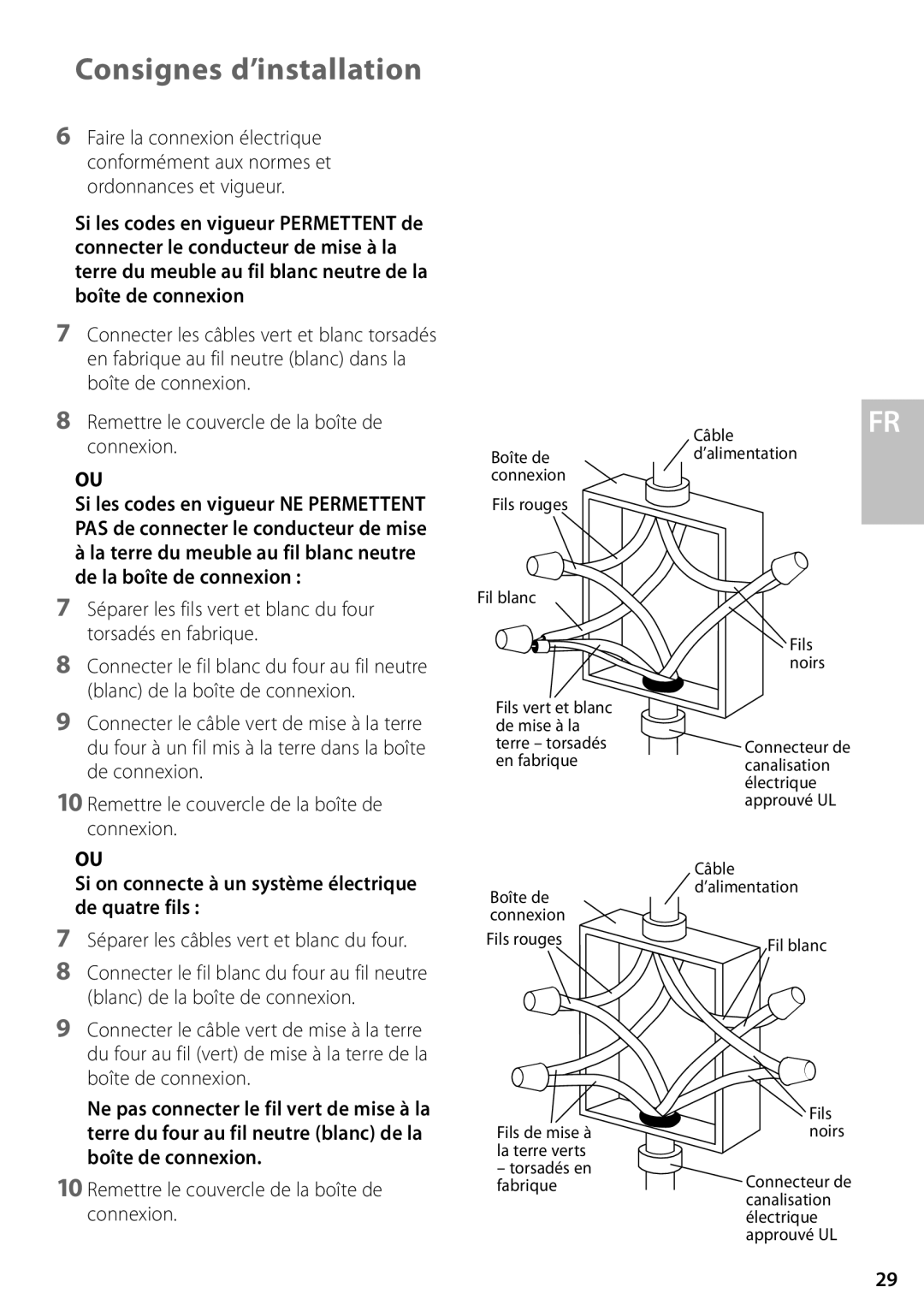 Fisher & Paykel OS302M, OD302M installation instructions Câble Boîte de connexion Fils rouges Fil blanc 