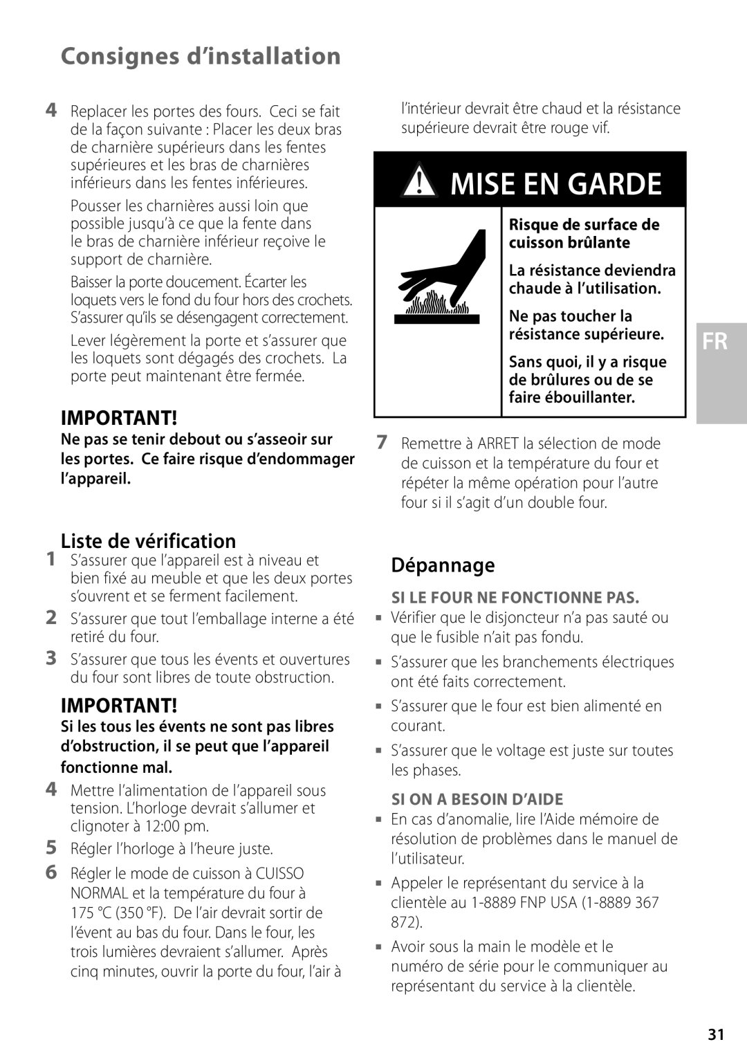 Fisher & Paykel OD302M, OS302 Liste de vérification, Dépannage, ’assurer que tout l’emballage interne a été retiré du four 