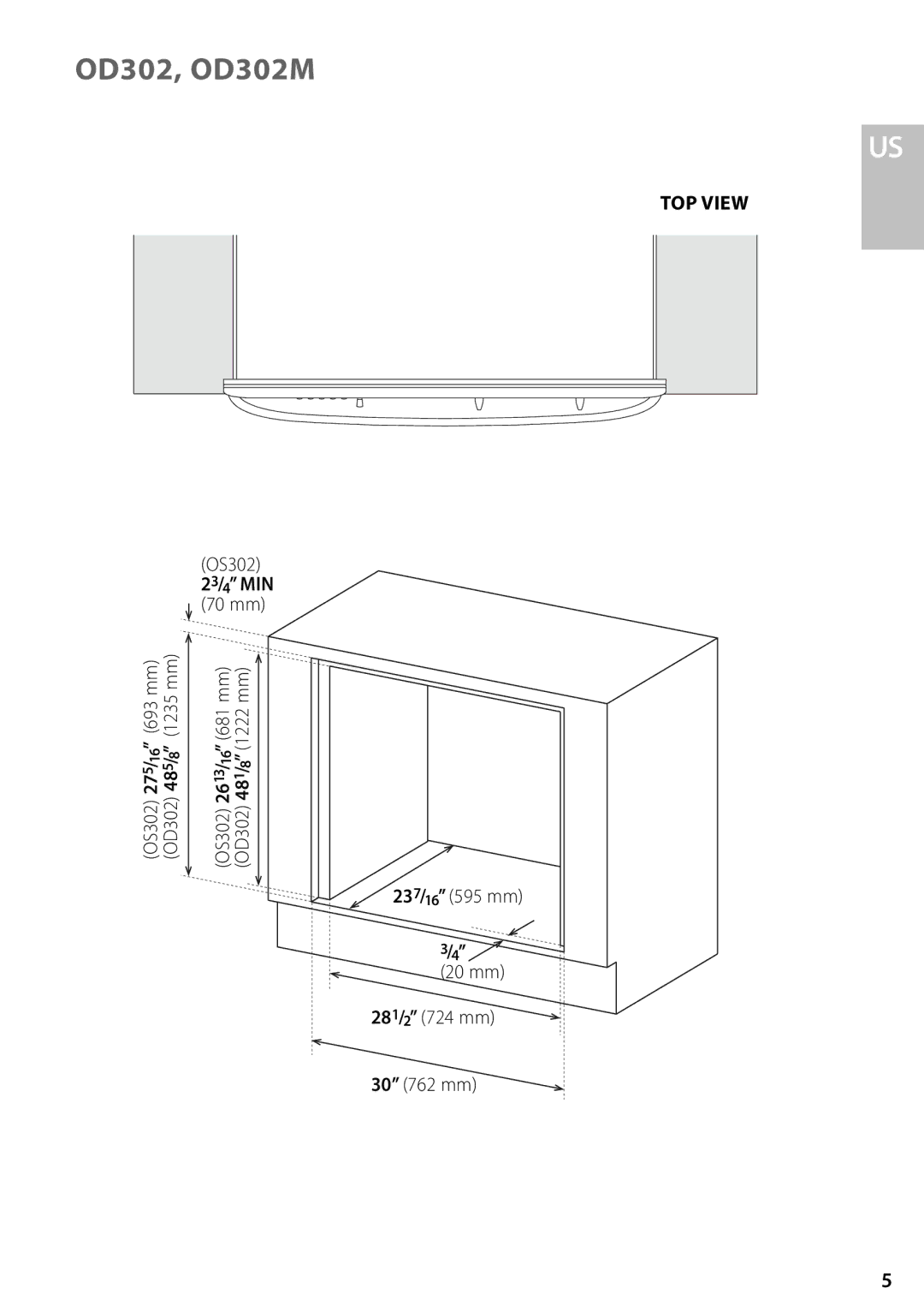 Fisher & Paykel OS302M, OD302M installation instructions 237/16 595 mm 20 mm 281/2 724 mm 30 762 mm 