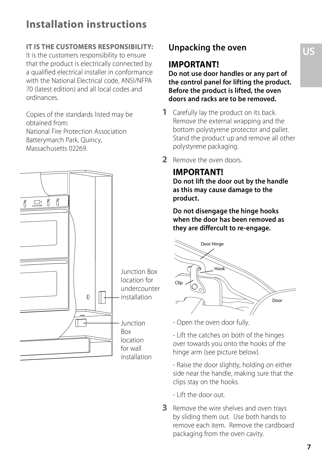 Fisher & Paykel OD302M Copies of the standards listed may be obtained from, Remove the oven doors, Lift the door out 