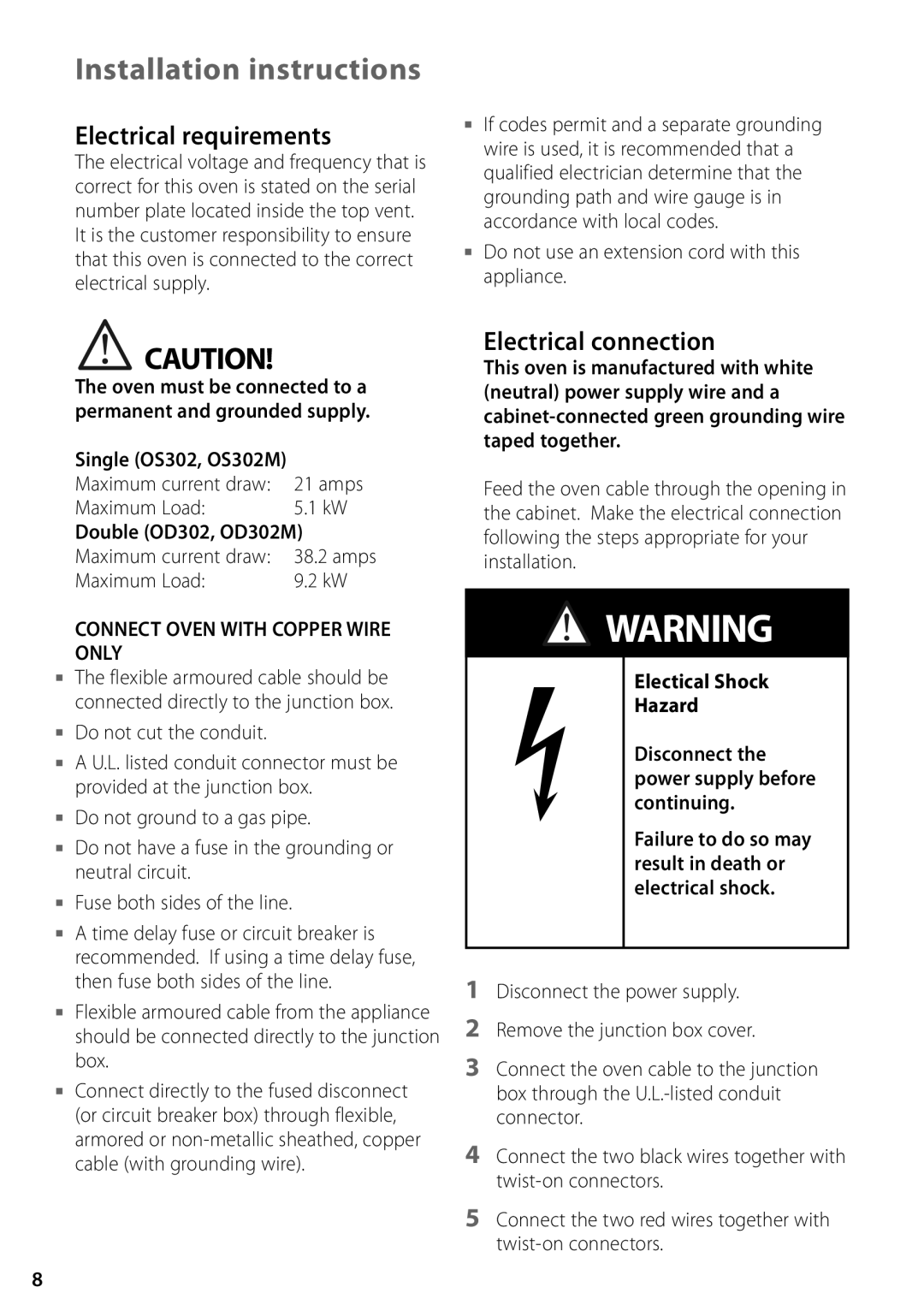 Fisher & Paykel OS302 Electrical requirements, Electrical connection, Double OD302, OD302M, Electical Shock Hazard 