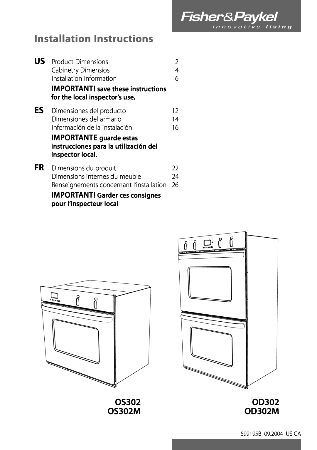 Fisher & Paykel OS302 installation instructions Installation Instructions, OD302, Product Dimensions, Cabinetry Dimensios 