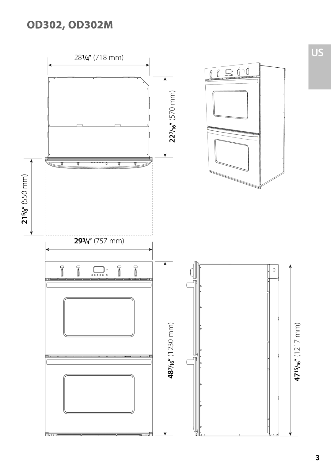 Fisher & Paykel OS302M installation instructions OD302, OD302M, 487/16” 1230 mm, 4715/16” 1217 mm 