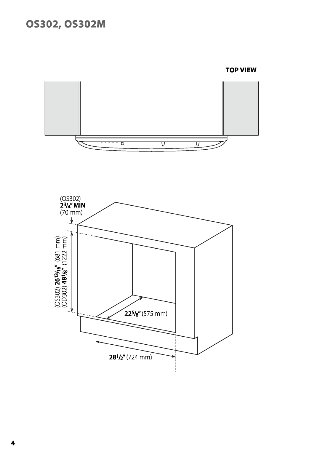 Fisher & Paykel OD302M installation instructions Top View, 23/4” MIN, OS302, OS302M, ” 681 mm, 1222 mm 