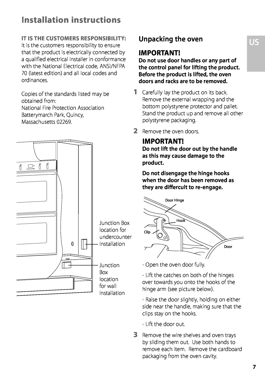 Fisher & Paykel OD302M Installation instructions, Copies of the standards listed may be obtained from, Lift the door out 