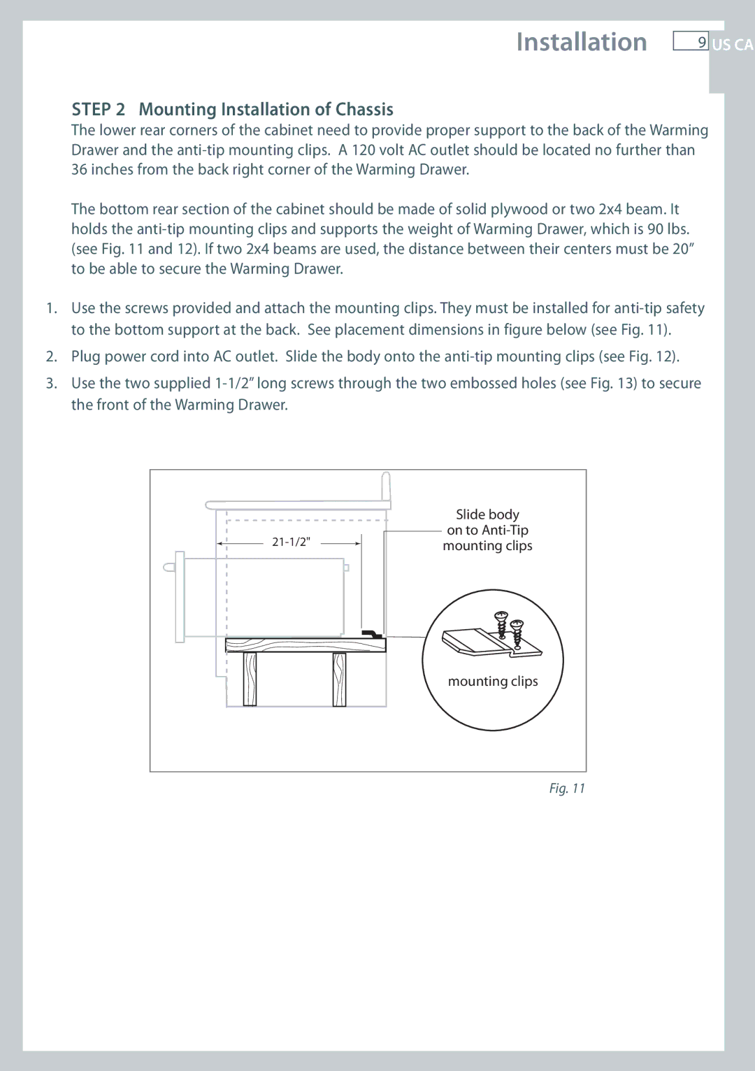 Fisher & Paykel OD30WDX1 installation instructions Mounting Installation of Chassis 