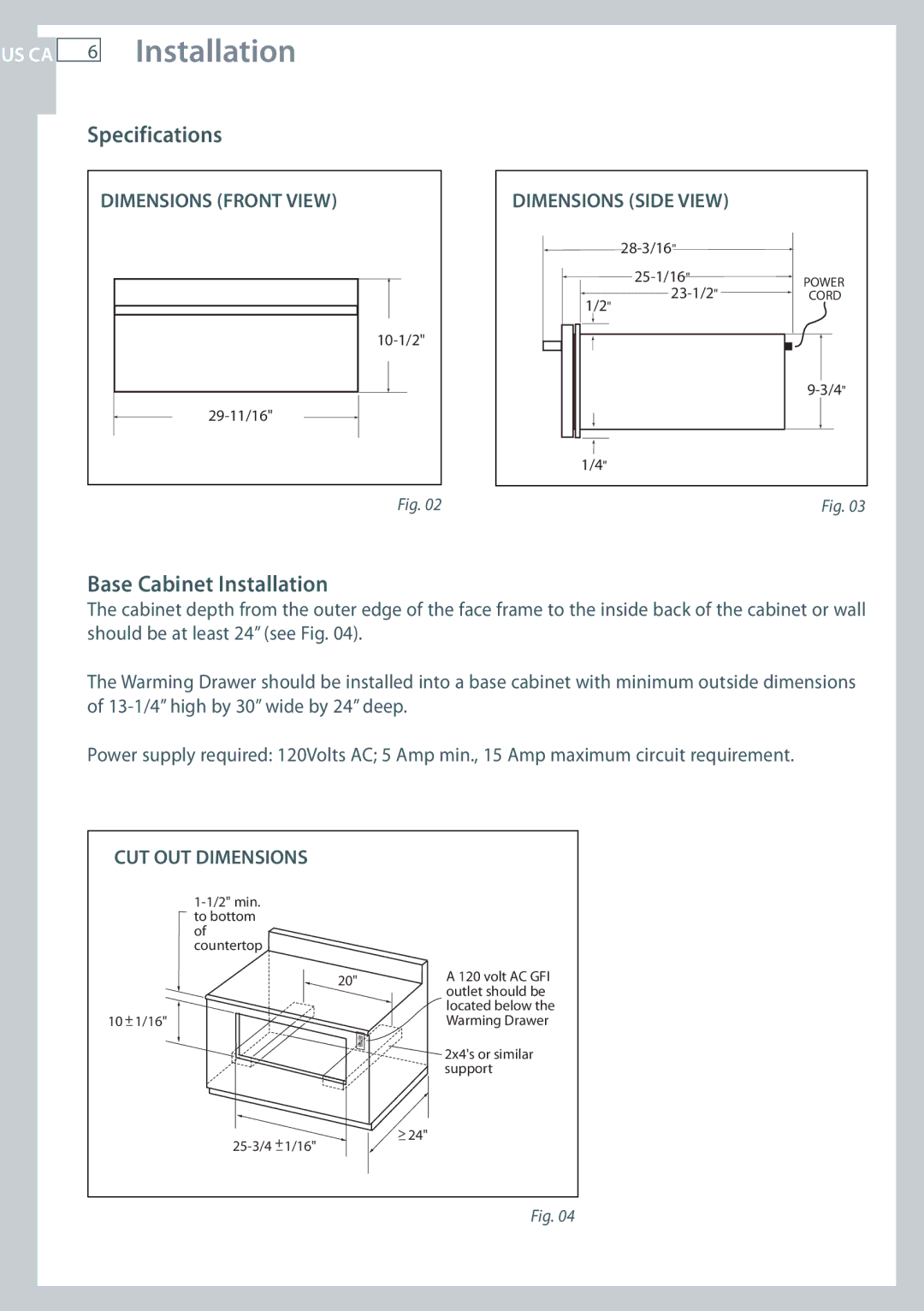 Fisher & Paykel OD30WDX1 installation instructions Specifications, Base Cabinet Installation 