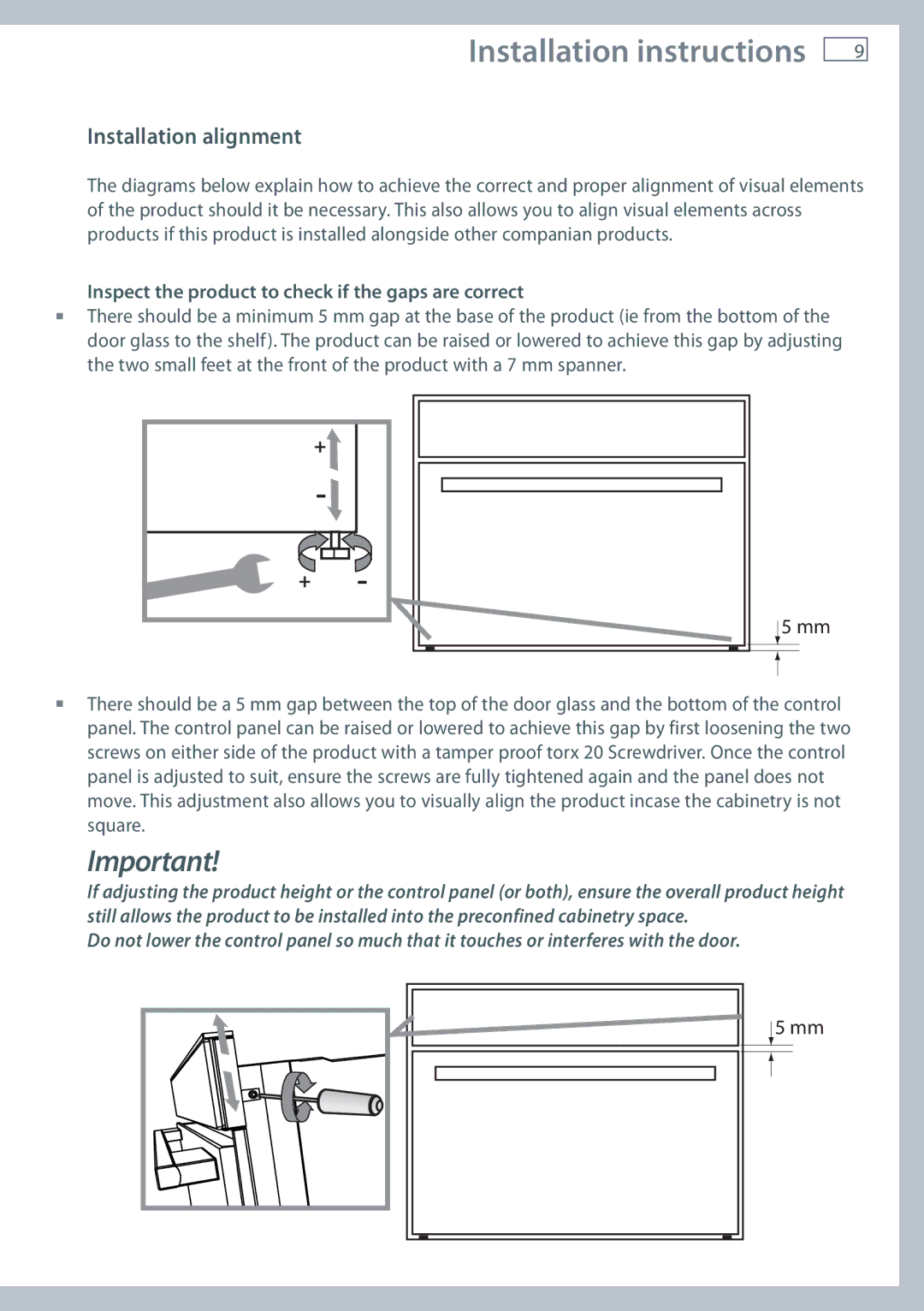 Fisher & Paykel OM36NDXB Installation alignment, Inspect the product to check if the gaps are correct 