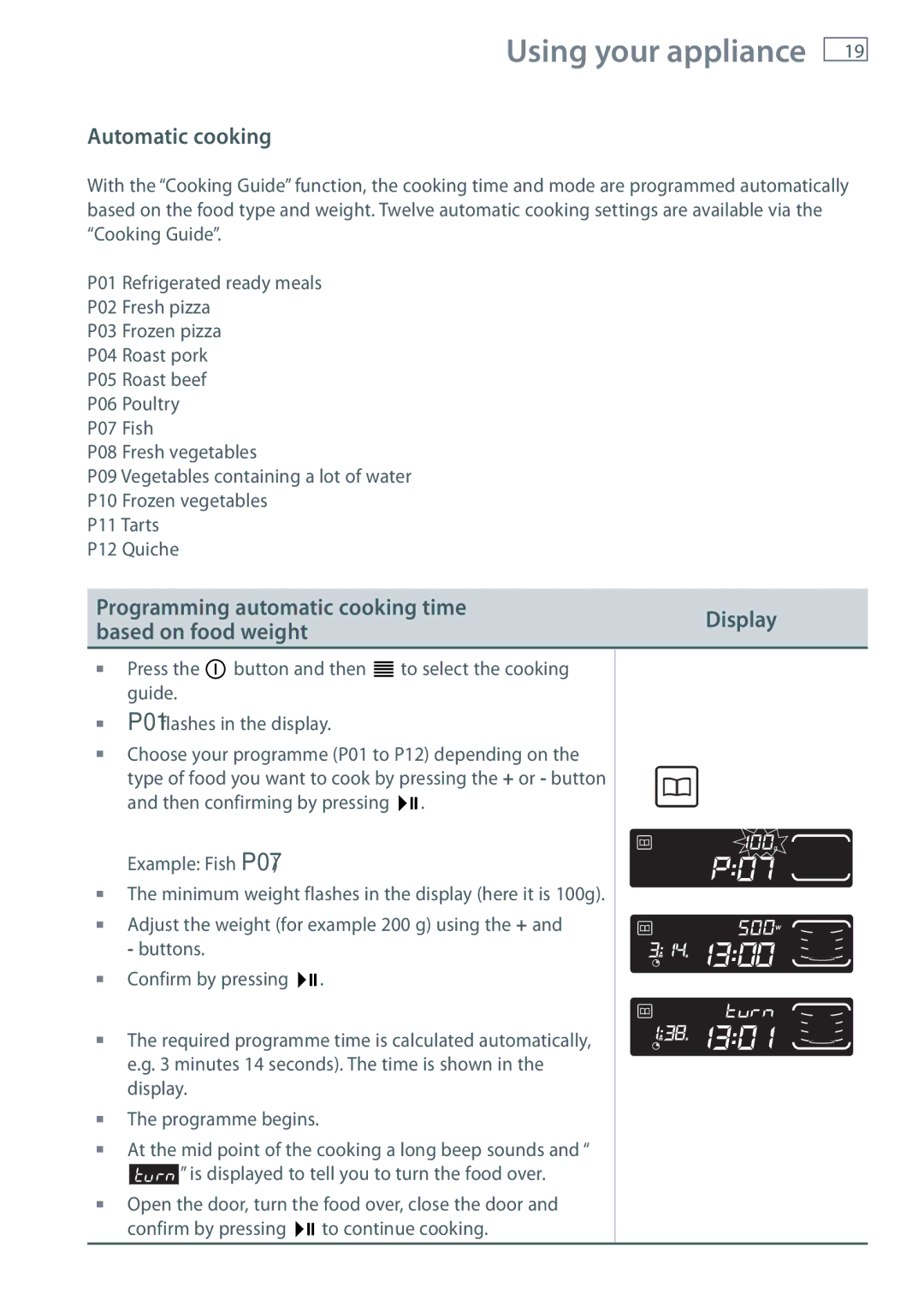 Fisher & Paykel OM36NDXB installation instructions Automatic cooking, Buttons, Display 