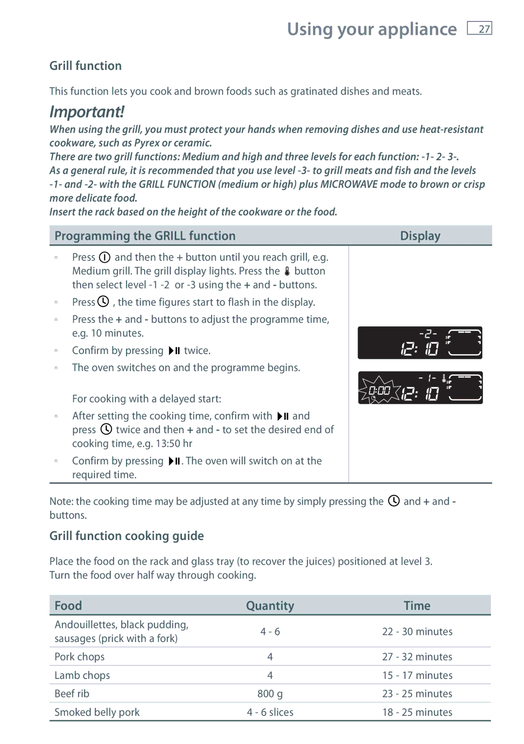 Fisher & Paykel OM36NDXB Programming the Grill function Display, Grill function cooking guide, Food, Quantity Time 