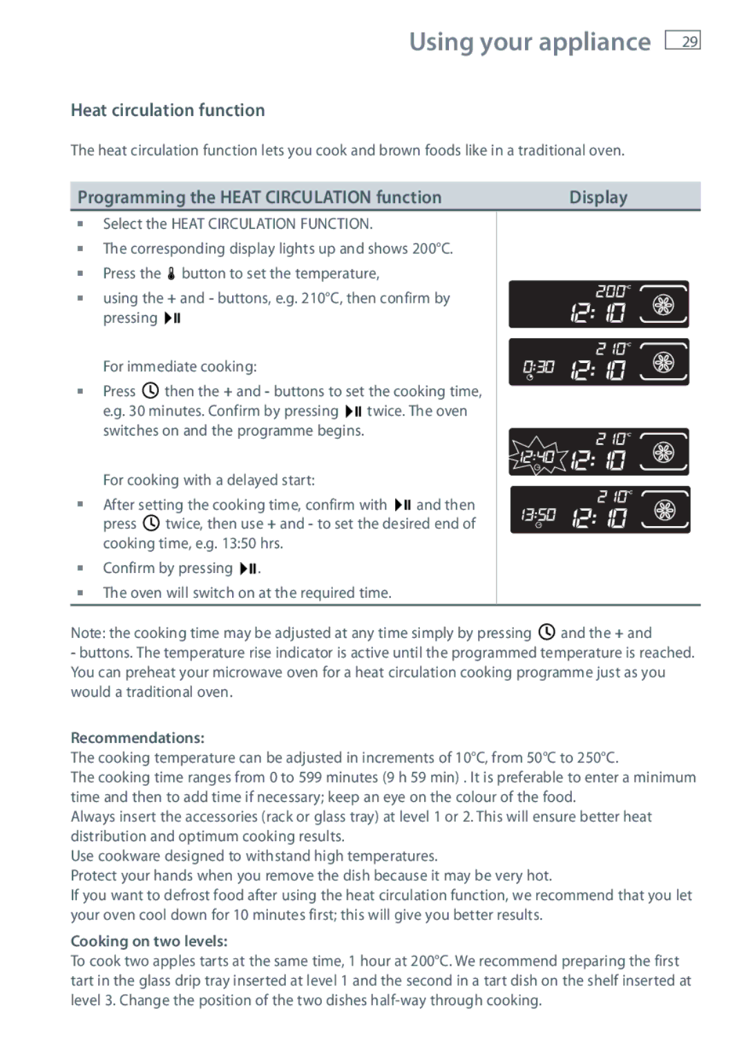 Fisher & Paykel OM36NDXB Heat circulation function, Programming the Heat Circulation function Display, Pressing 