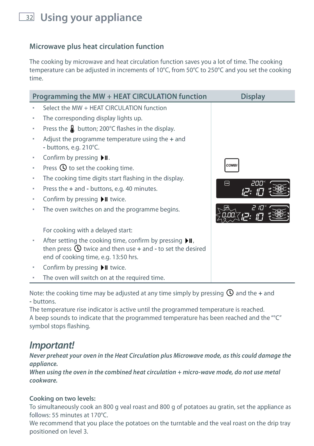 Fisher & Paykel OM36NDXB Microwave plus heat circulation function, Programming the MW + Heat Circulation function Display 