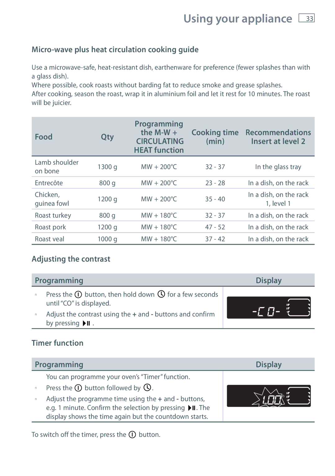 Fisher & Paykel OM36NDXB Micro-wave plus heat circulation cooking guide, Adjusting the contrast Programming Display 