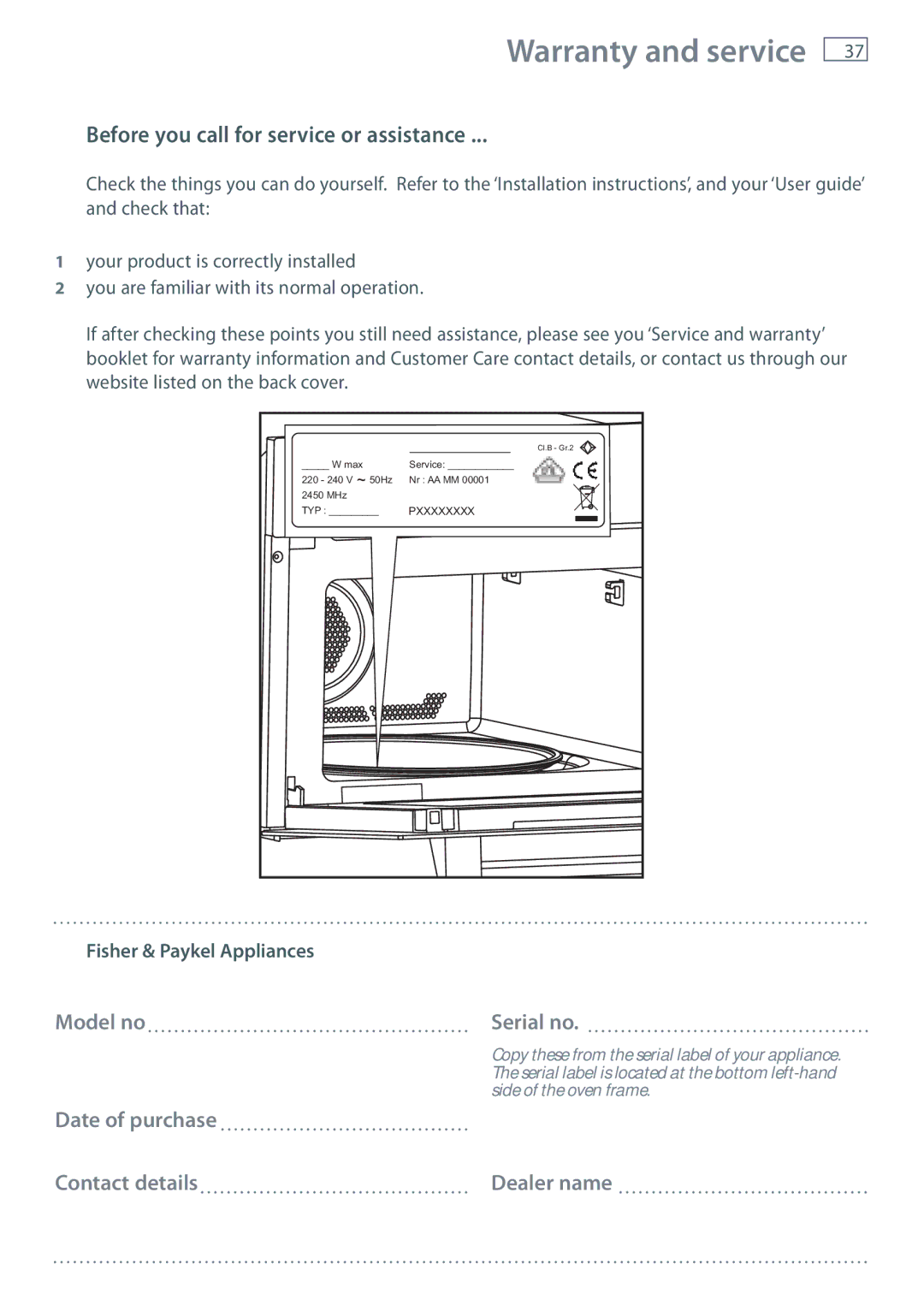 Fisher & Paykel OM36NDXB Warranty and service, Before you call for service or assistance, Fisher & Paykel Appliances 