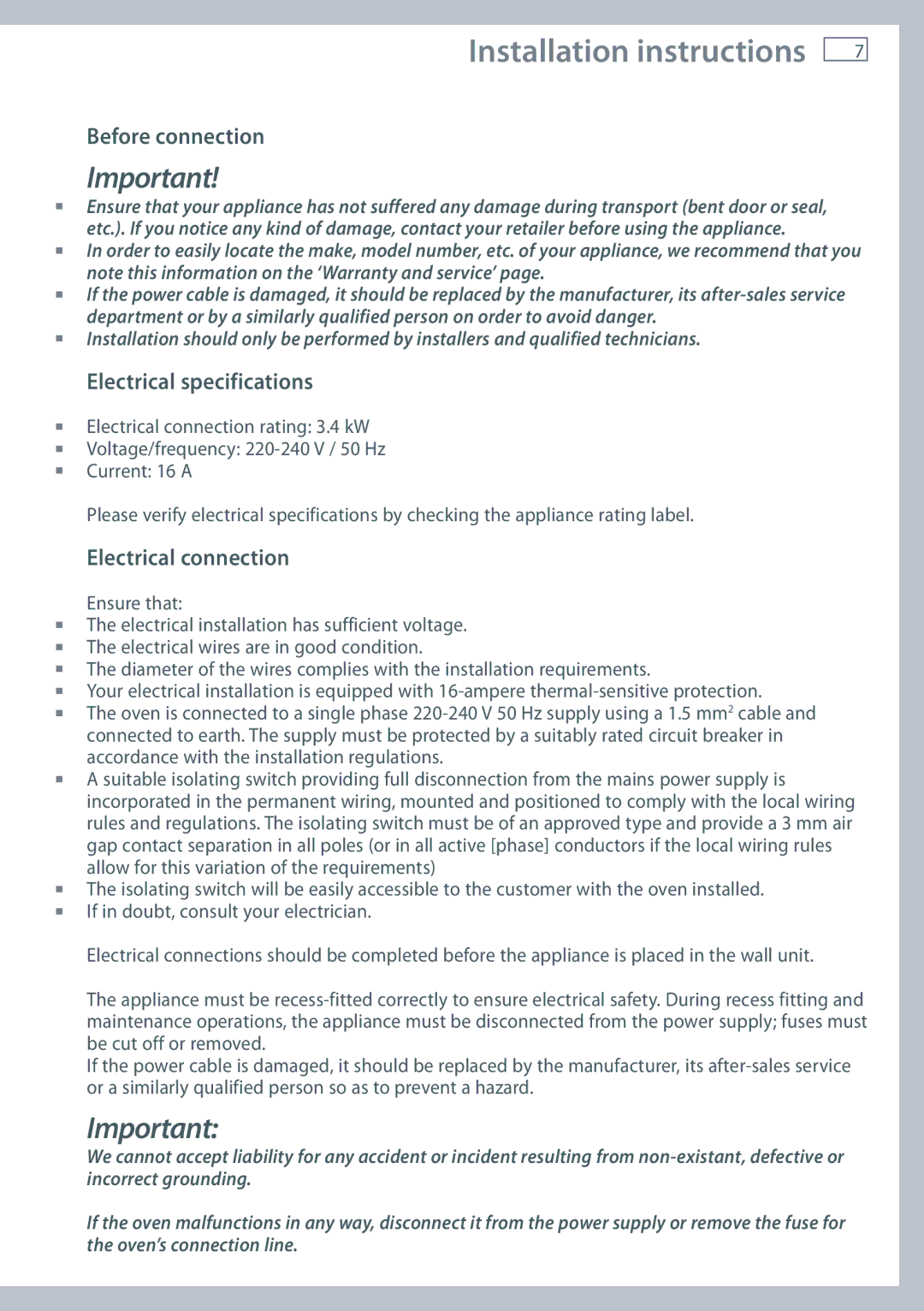 Fisher & Paykel OM36NDXB installation instructions Before connection, Electrical specifications, Electrical connection 