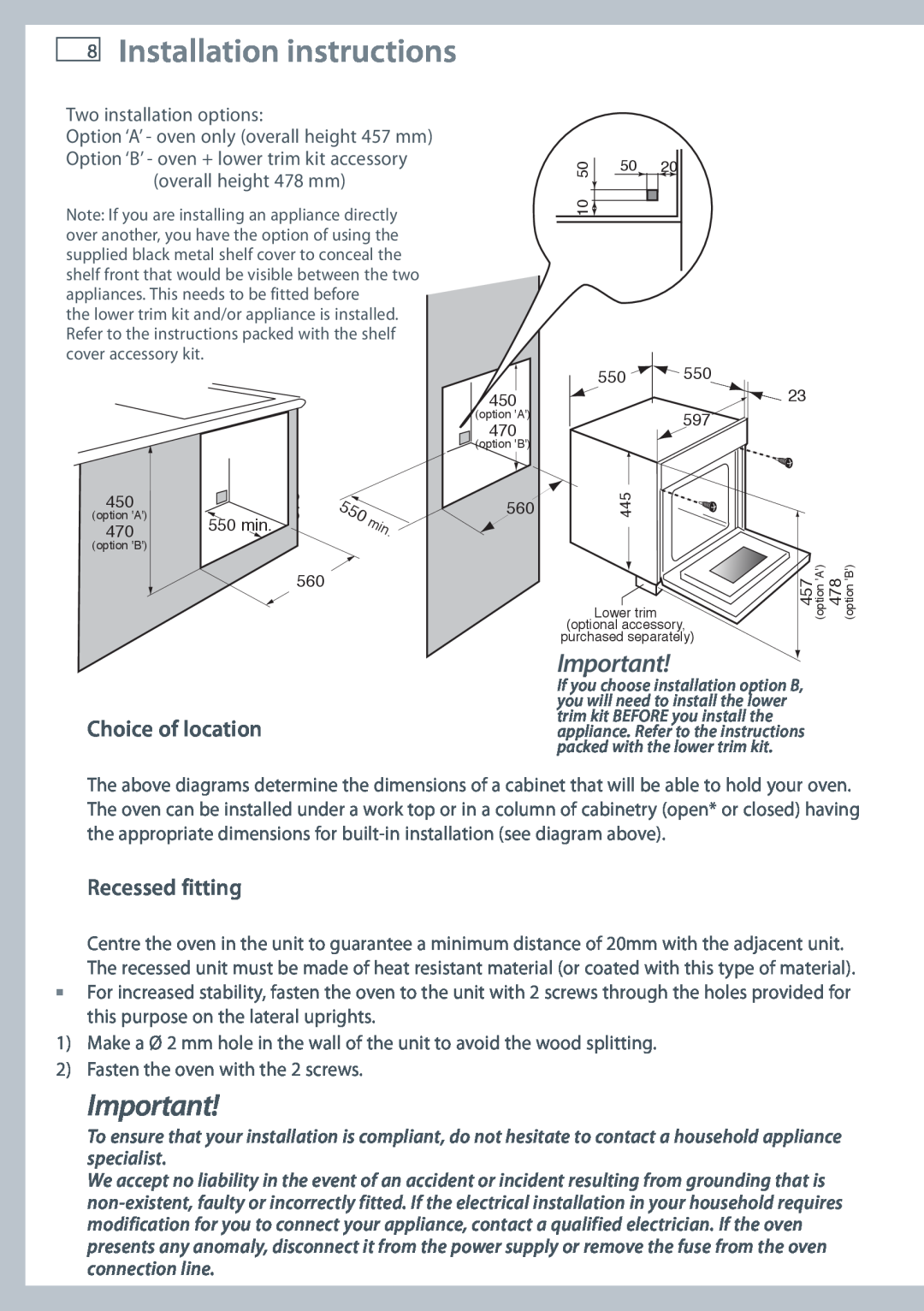 Fisher & Paykel OM36NDXB Installation instructions, Choice of location, Recessed fitting, Two installation options 