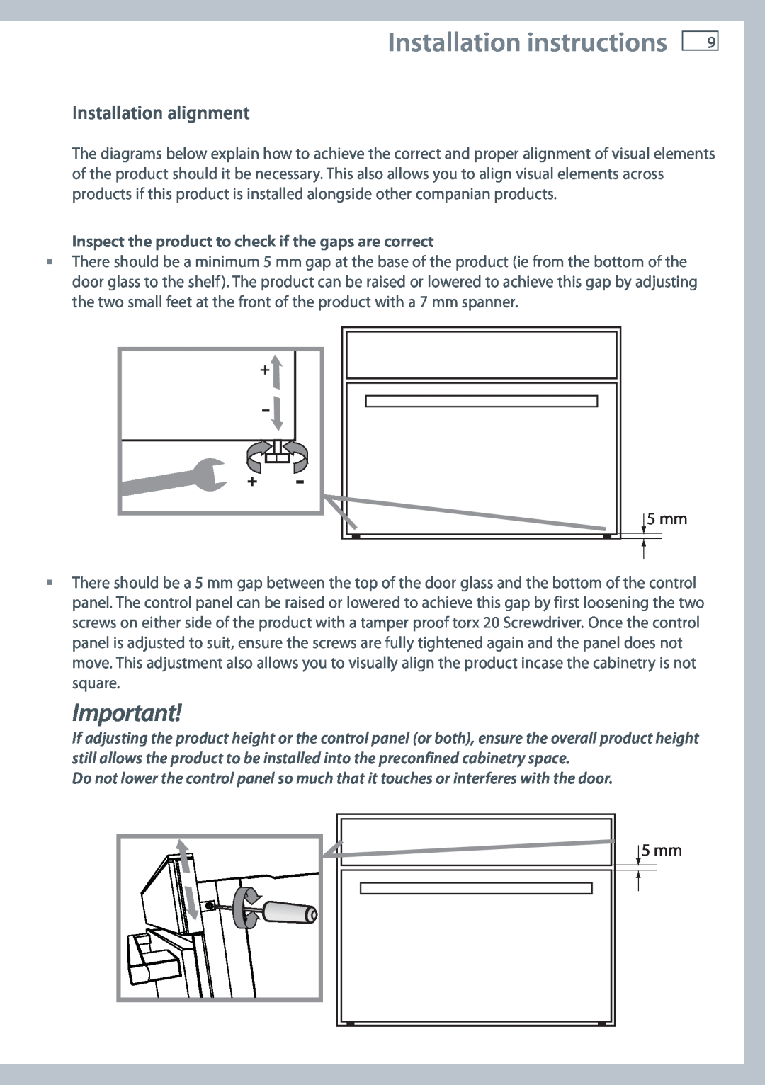 Fisher & Paykel OM36NDXB installation instructions Installation instructions, Installation alignment, 5 mm 