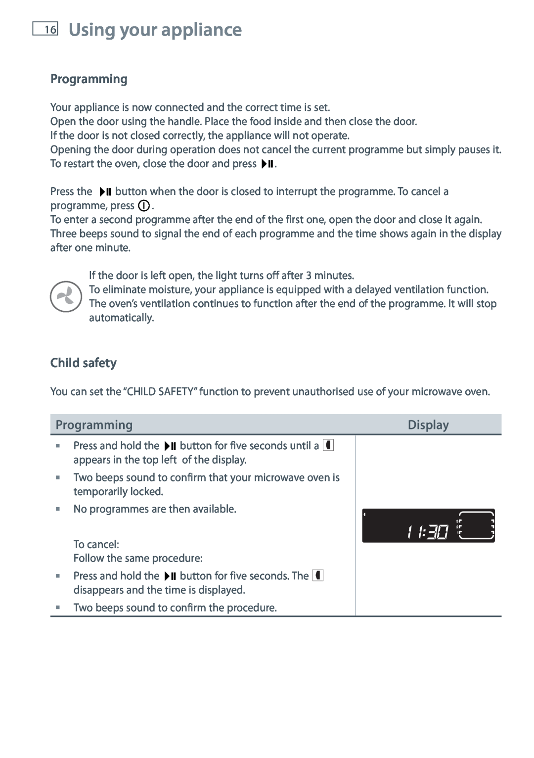 Fisher & Paykel OM36NDXB installation instructions Using your appliance, Programming, Child safety, Display 