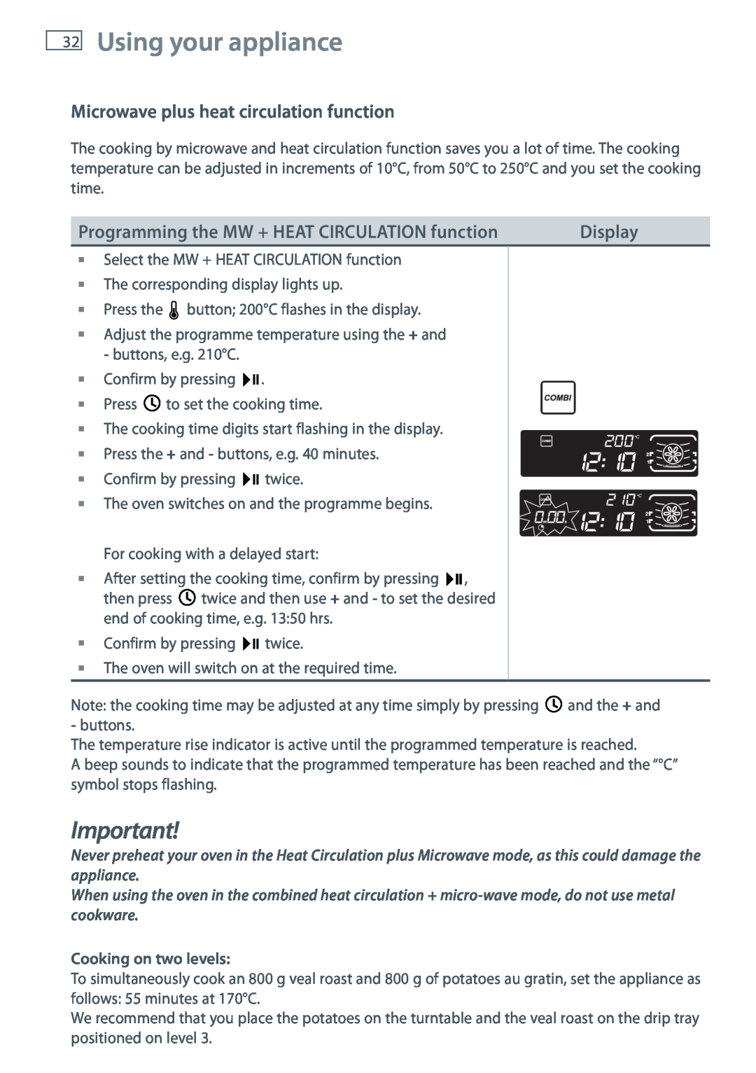 Fisher & Paykel OM36NDXB installation instructions Using your appliance, Microwave plus heat circulation function, Display 