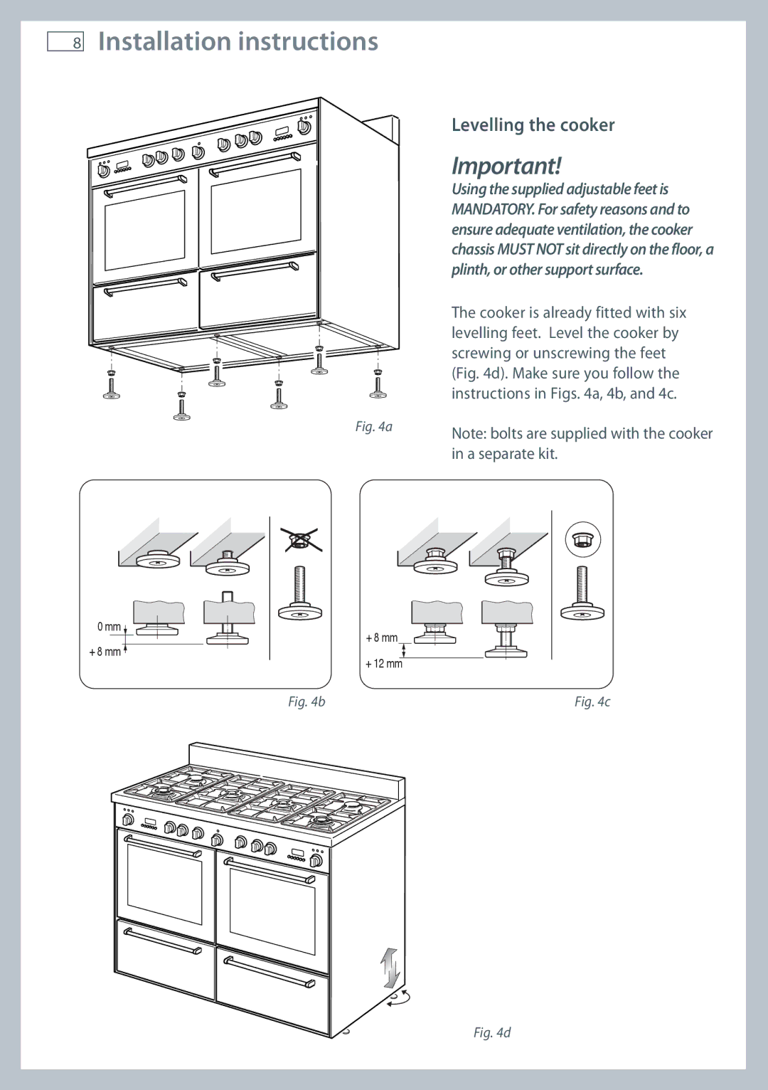 Fisher & Paykel OR120 installation instructions Levelling the cooker 