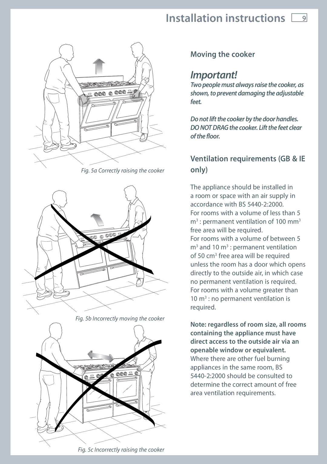 Fisher & Paykel OR120 installation instructions Moving the cooker, Ventilation requirements GB & IE only 