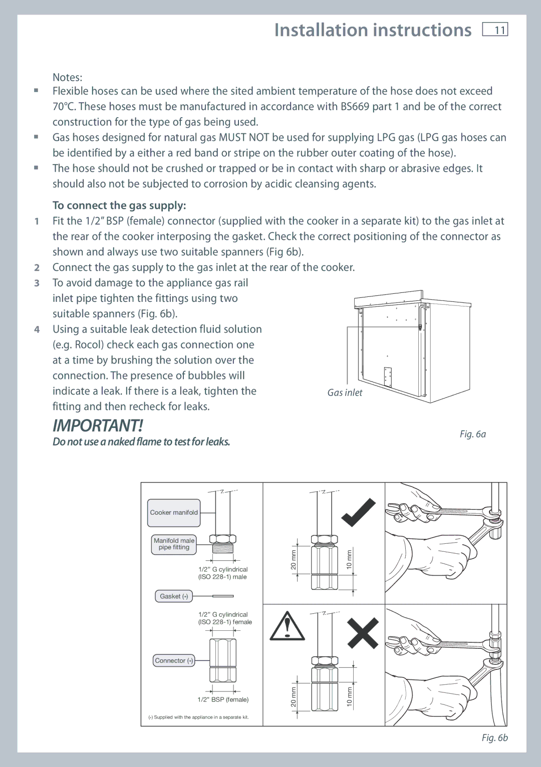 Fisher & Paykel OR120 installation instructions To connect the gas supply, Do not use a naked flame to test for leaks 