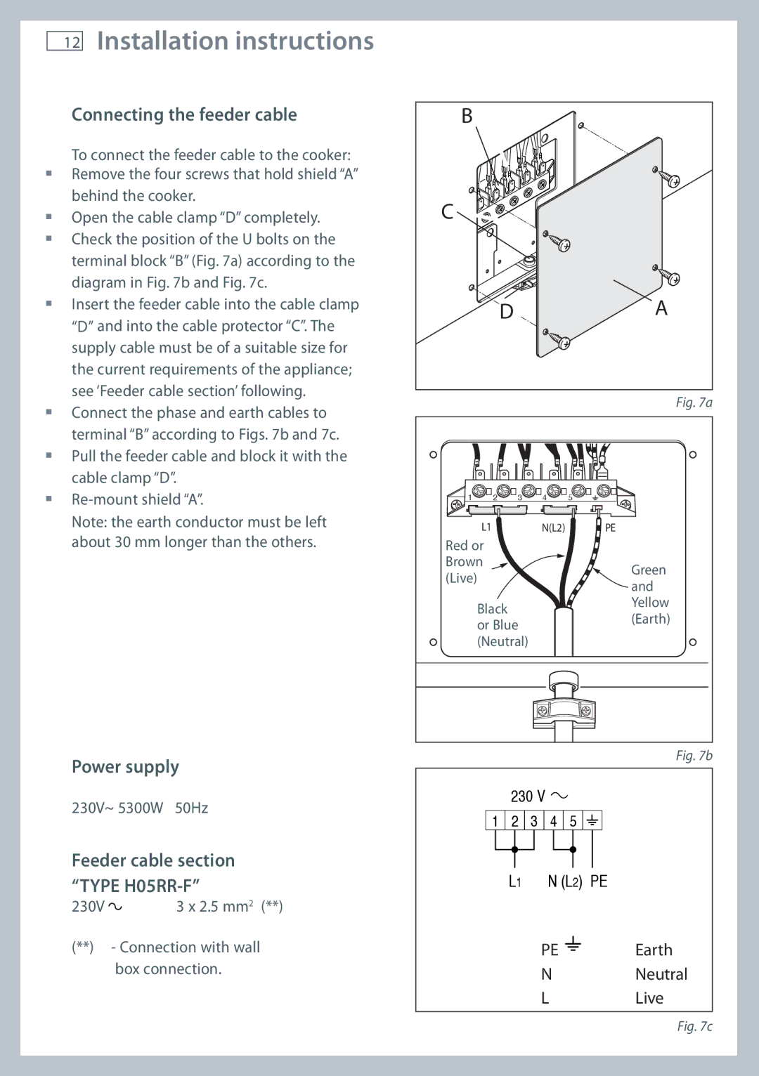 Fisher & Paykel OR120 Connecting the feeder cable, Power supply, Feeder cable section Type H05RR-F 