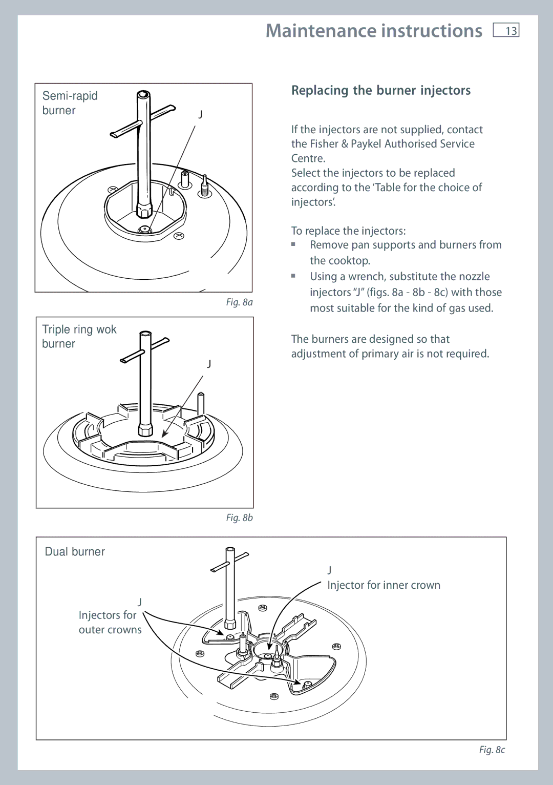 Fisher & Paykel OR120 Maintenance instructions, Replacing the burner injectors, Semi-rapid Burner Triple ring wok burner 