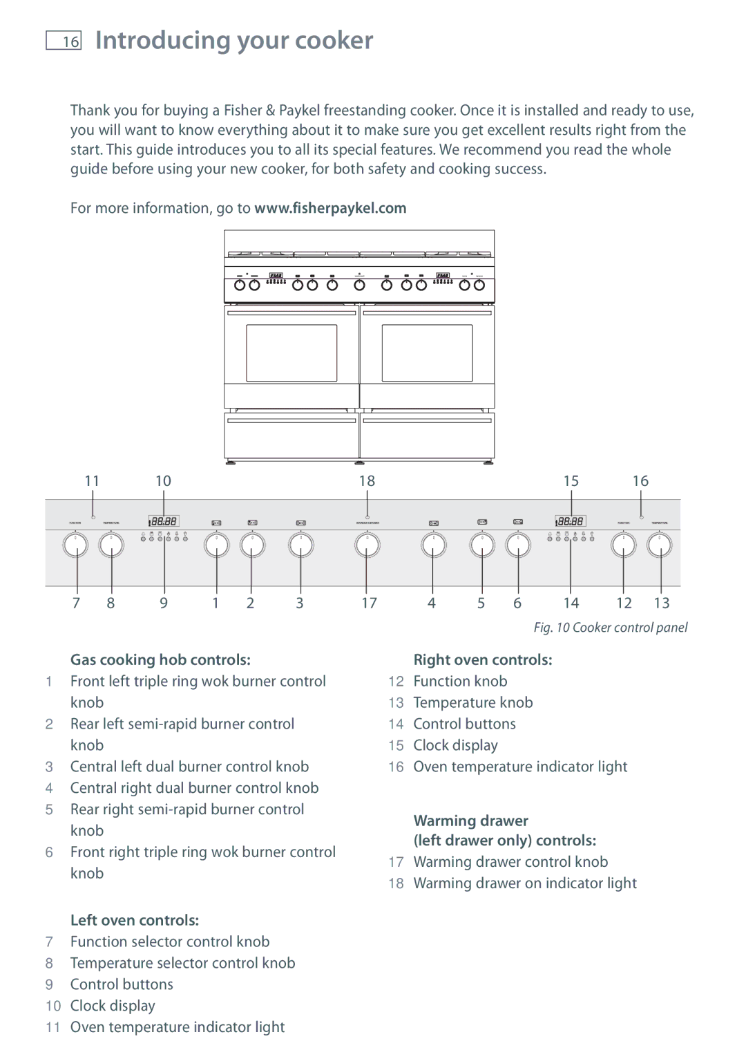 Fisher & Paykel OR120 Introducing your cooker, Gas cooking hob controls Right oven controls, Left drawer only controls 