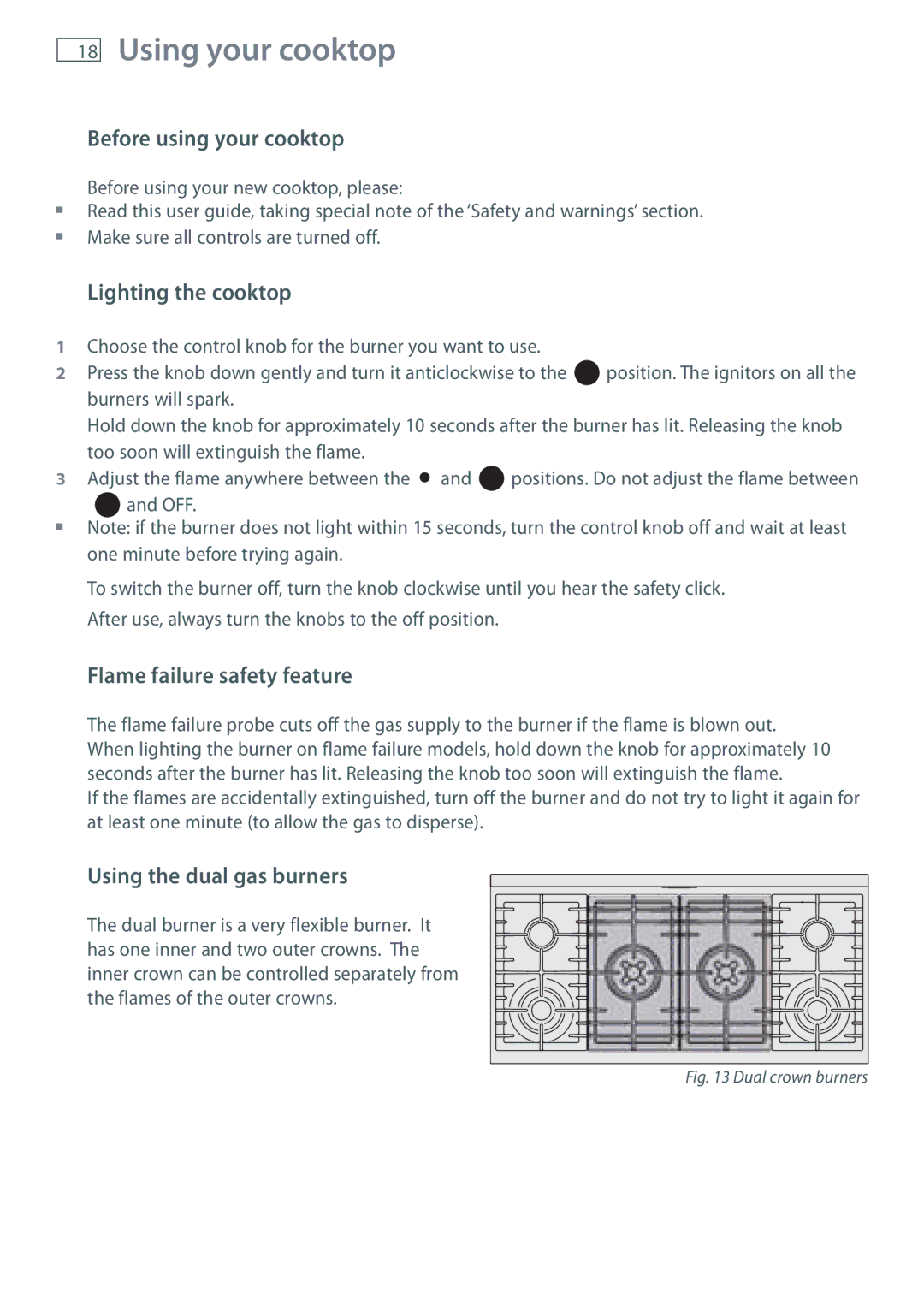 Fisher & Paykel OR120 Before using your cooktop, Lighting the cooktop, Flame failure safety feature 